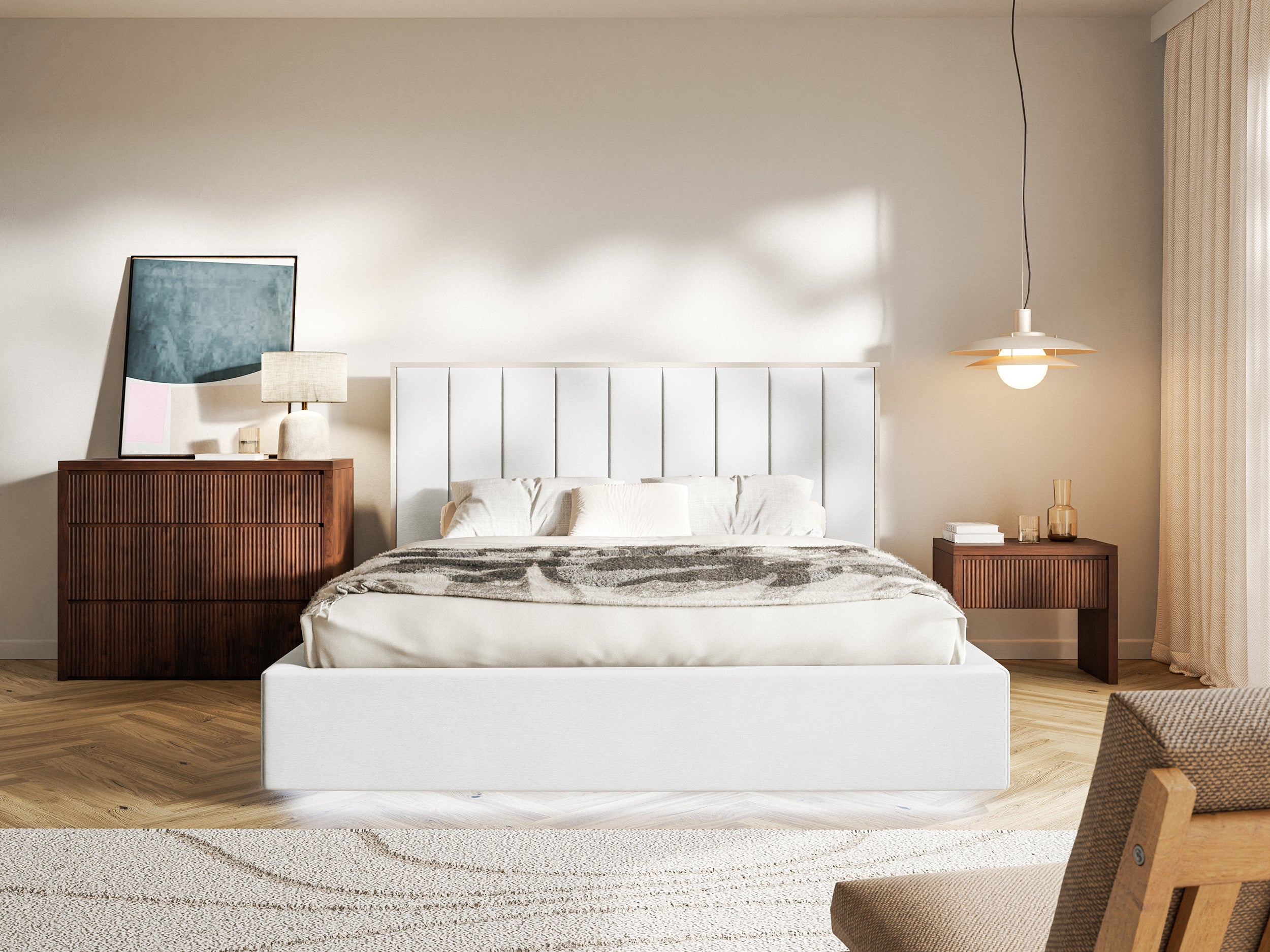 Łóżko tapicerowane 180x200 cm Togents z oświetleniem LED białe welur hydrofobowy