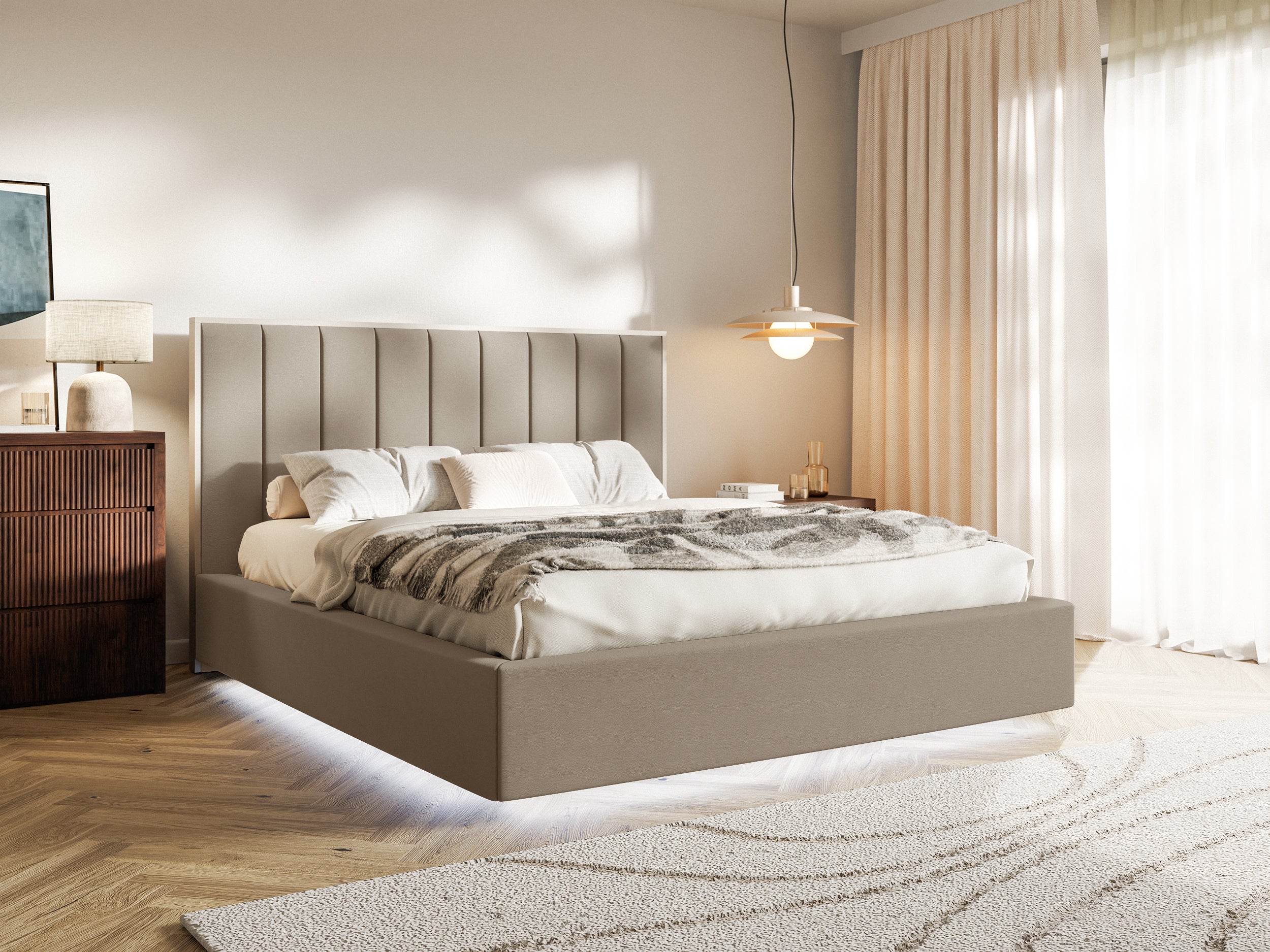 Łóżko tapicerowane 180x200 cm Togents z pojemnikiem i oświetleniem LED stelaż metalowy brązowe welur hydrofobowy
