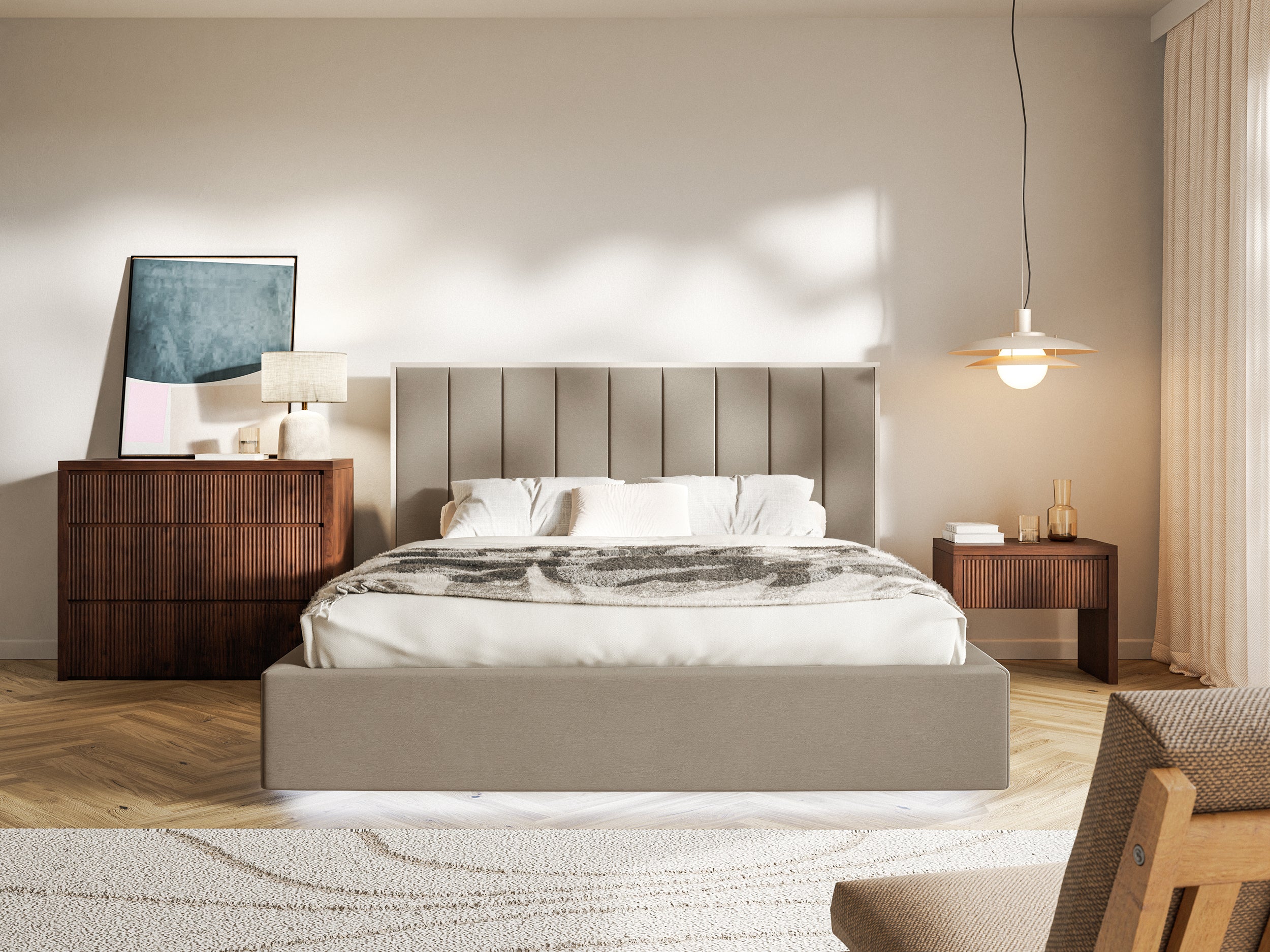 Łóżko tapicerowane 140x200 cm Togents z pojemnikiem i oświetleniem LED stelaż metalowy brązowe welur hydrofobowy