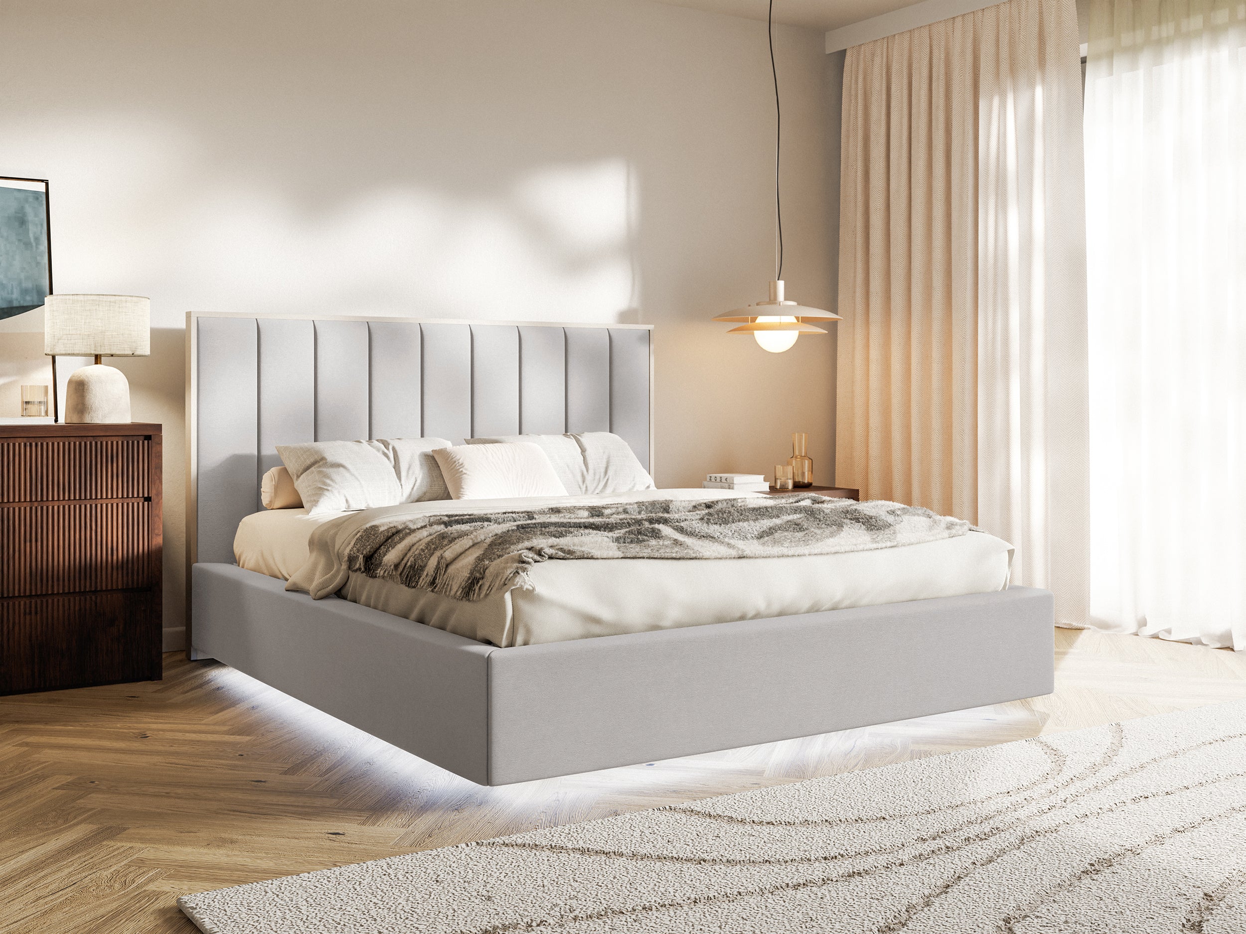 Łóżko tapicerowane 180x200 cm Togents z pojemnikiem i oświetleniem LED stelaż metalowy jasnoszare welur hydrofobowy