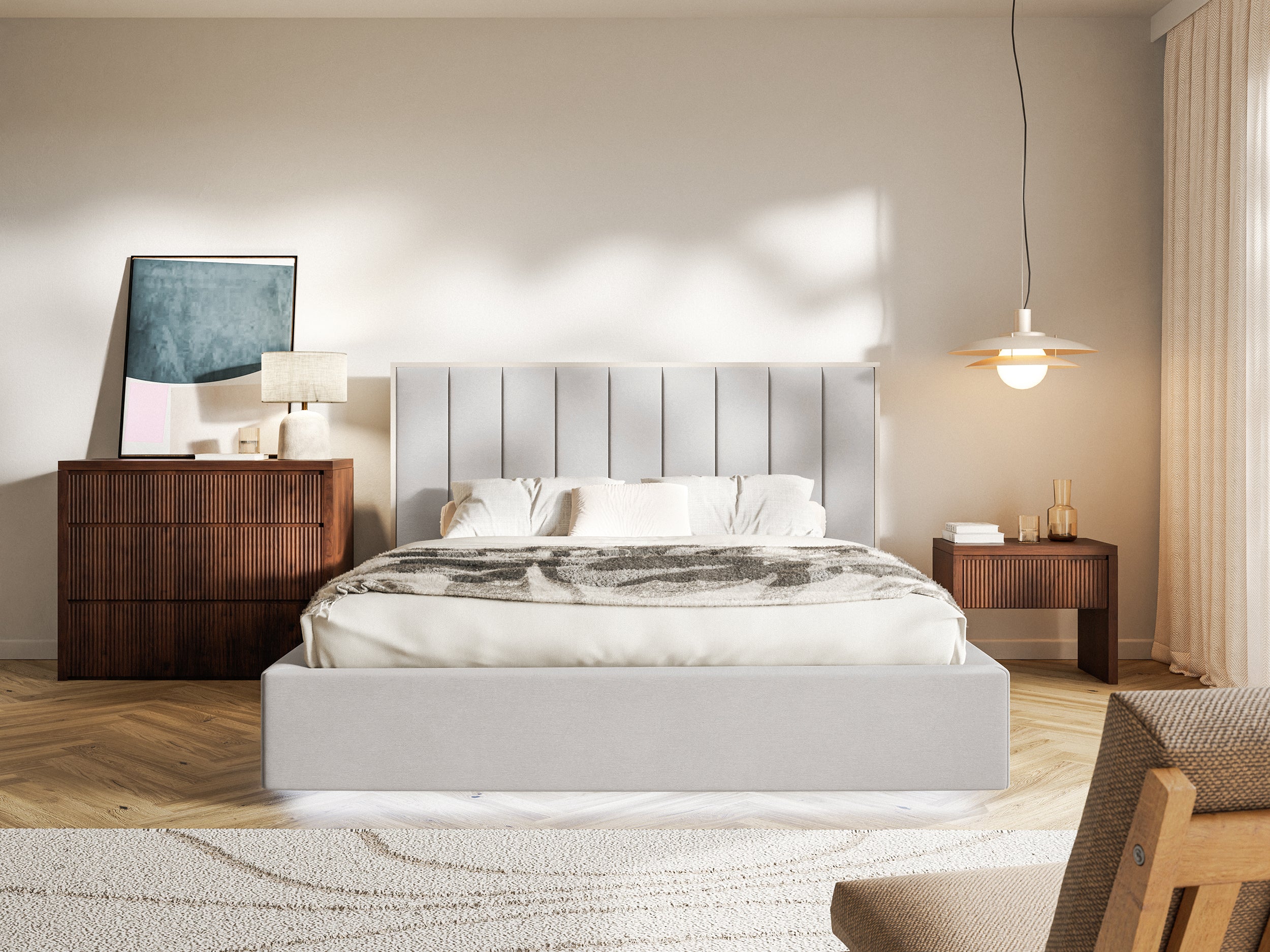 Łóżko tapicerowane 160x200 cm Togents z oświetleniem LED jasnoszare welur hydrofobowy