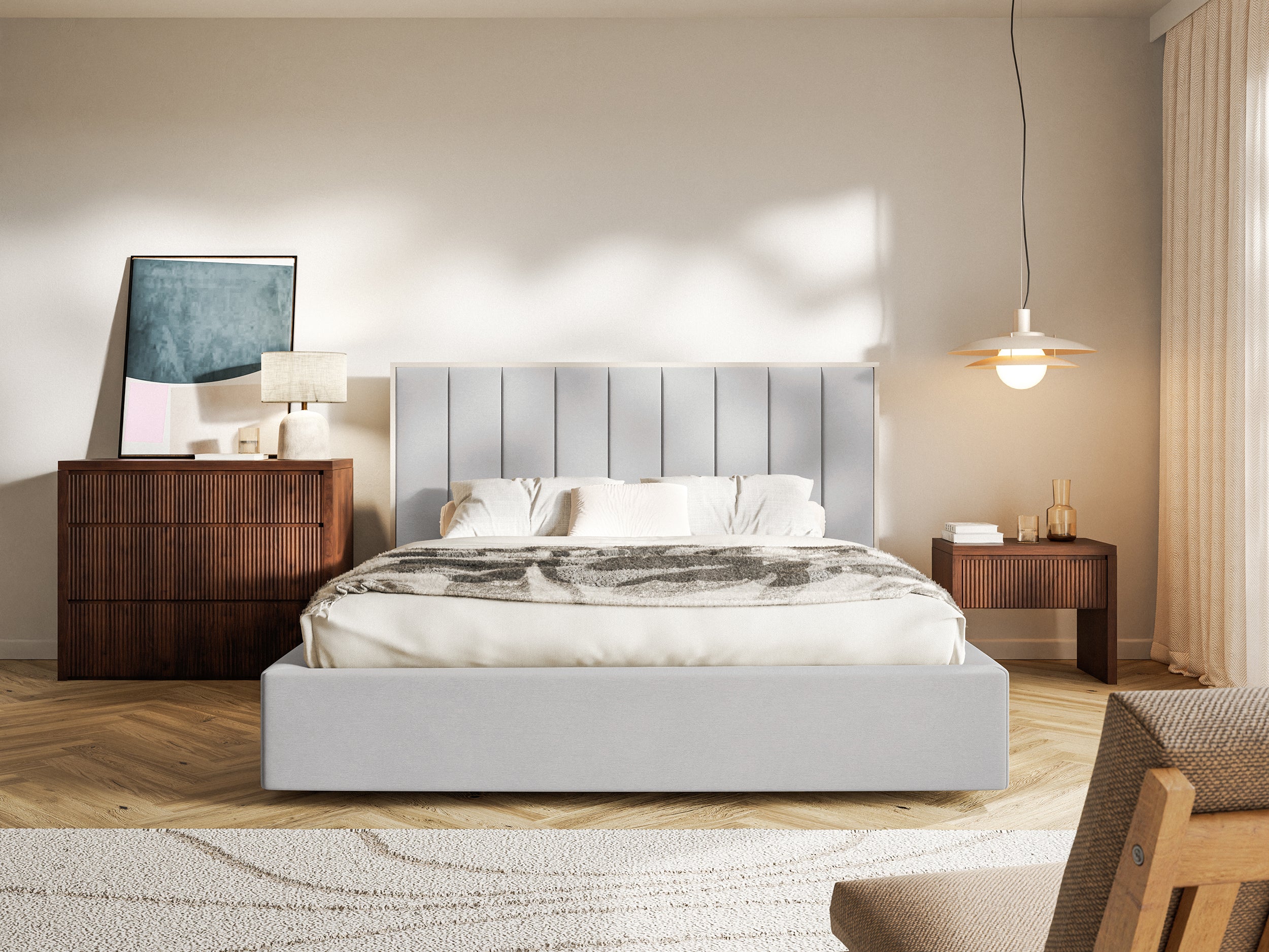 Łóżko tapicerowane 180x200 cm Togents z pojemnikiem stelaż metalowy jasnoszare welur hydrofobowy