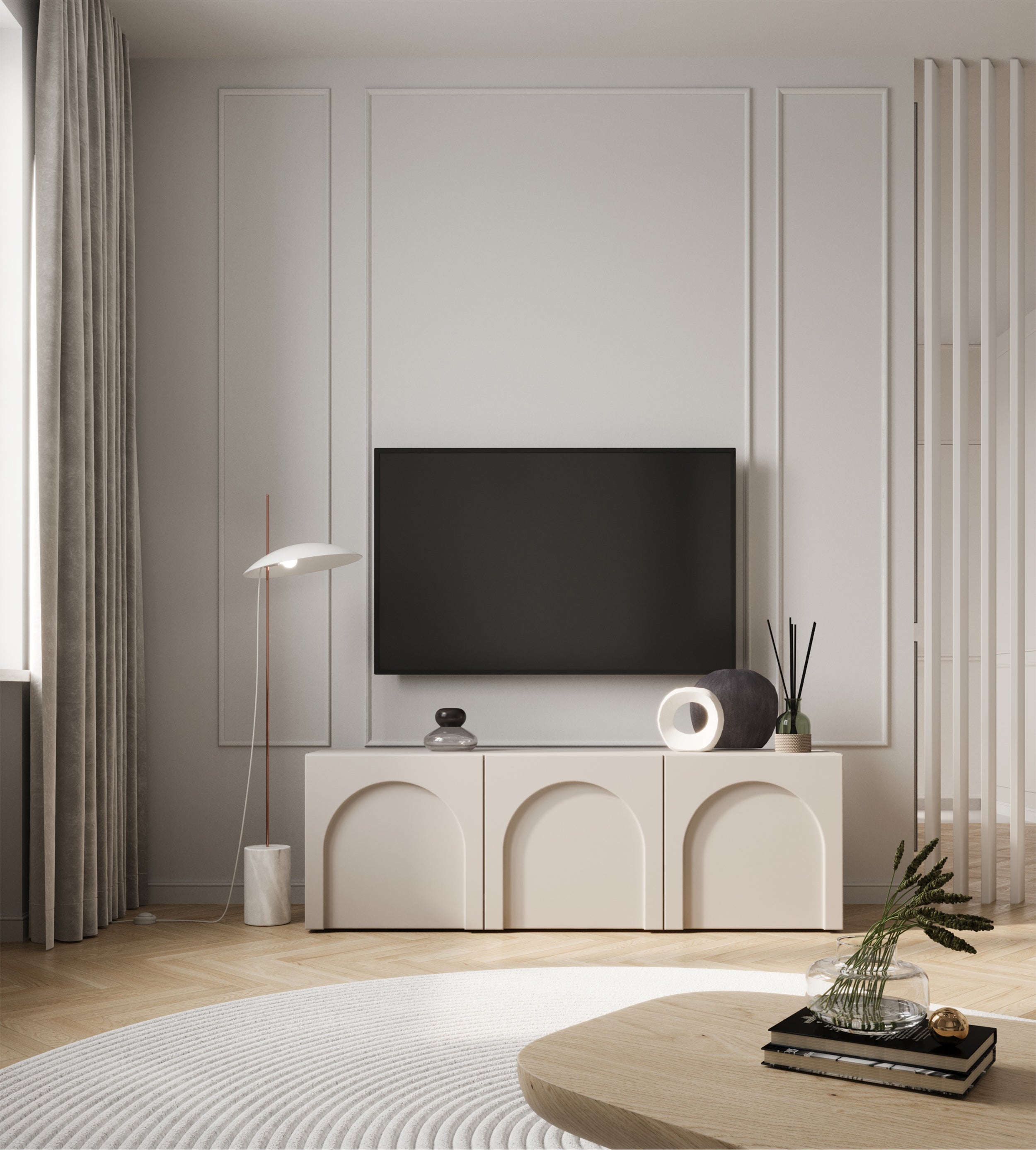 Szafka RTV Arkadia trzydrzwiowa z frezowanymi frontami 150 cm kaszmir