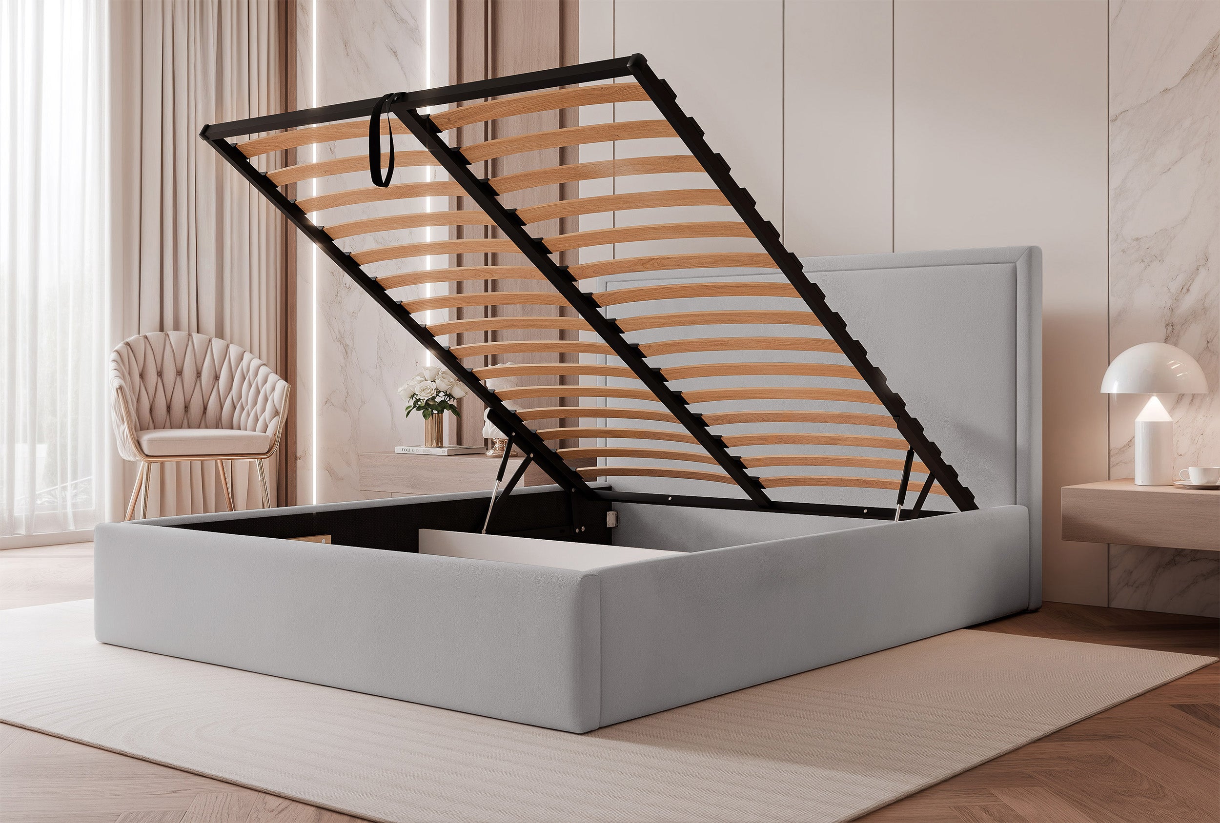 Łóżko tapicerowane 160x200 cm Asurro z pojemnikiem stelaż metalowy szare welur hydrofobowy