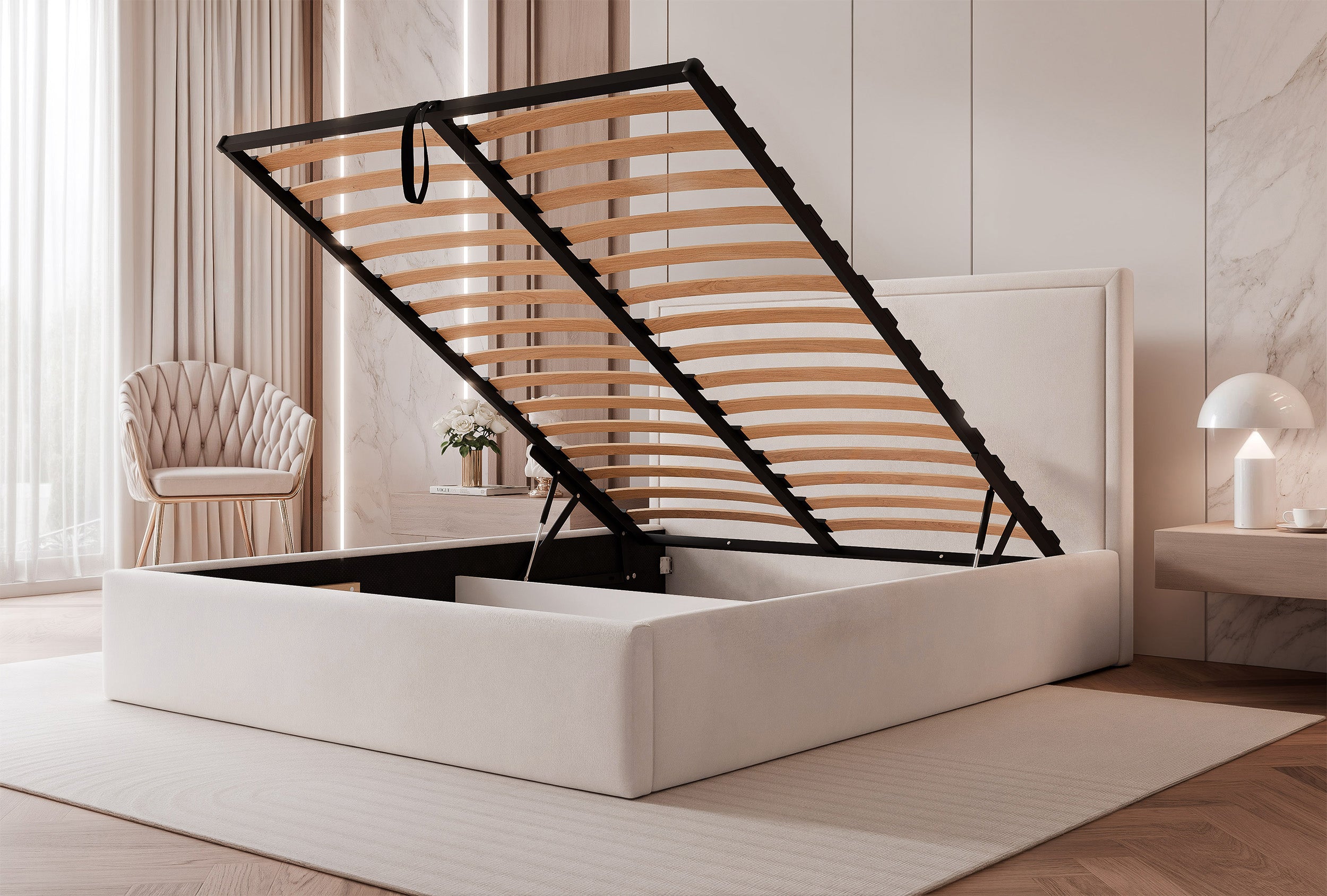 Łóżko tapicerowane 160x200 cm Asurro z pojemnikiem stelaż metalowy kremowe welur hydrofobowy