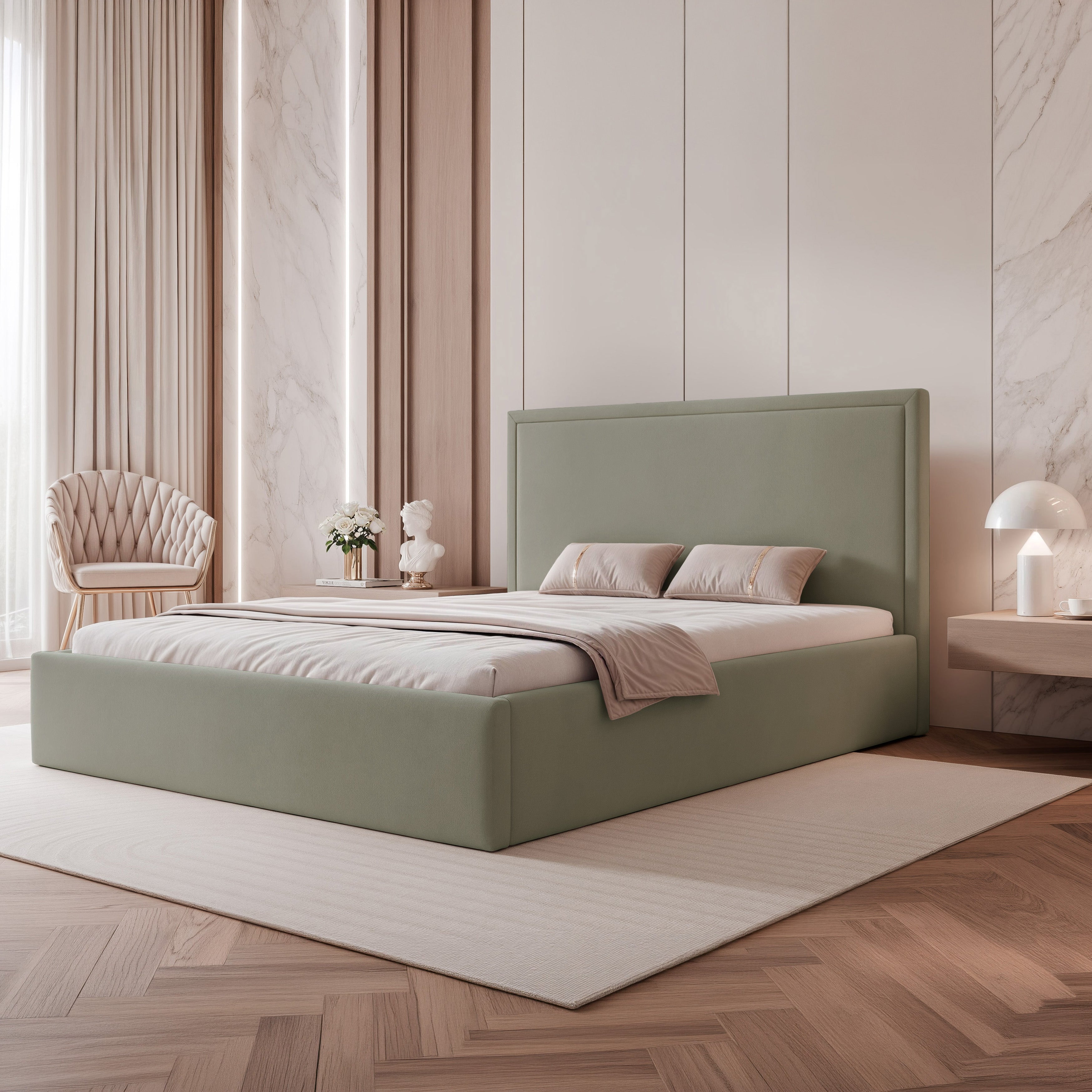 Łóżko tapicerowane 140x200 cm Asurro z pojemnikiem stelaż metalowy szałwiowe welur hydrofobowy