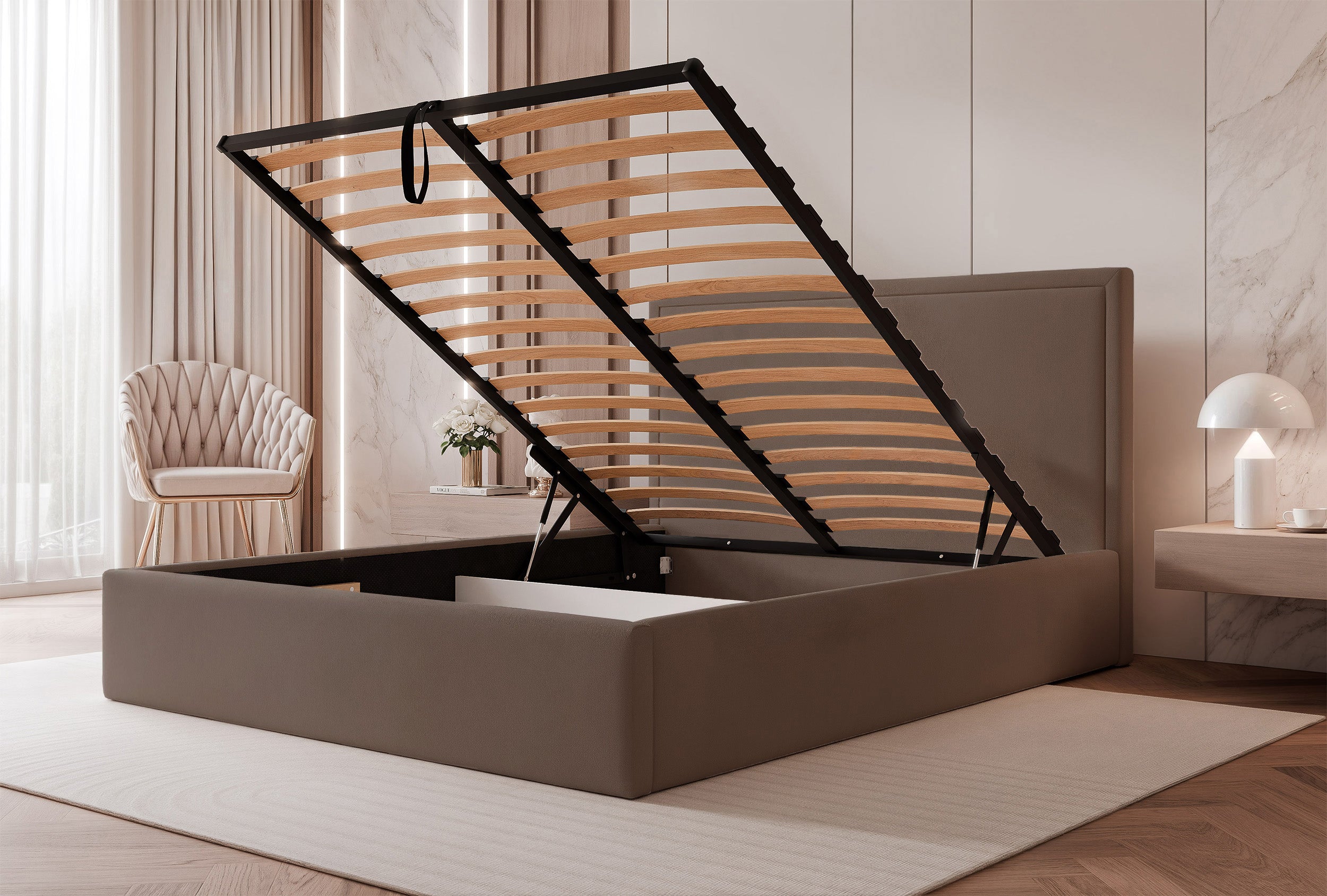 Łóżko tapicerowane 160x200 cm Asurro z pojemnikiem stelaż metalowy brązowe welur hydrofobowy