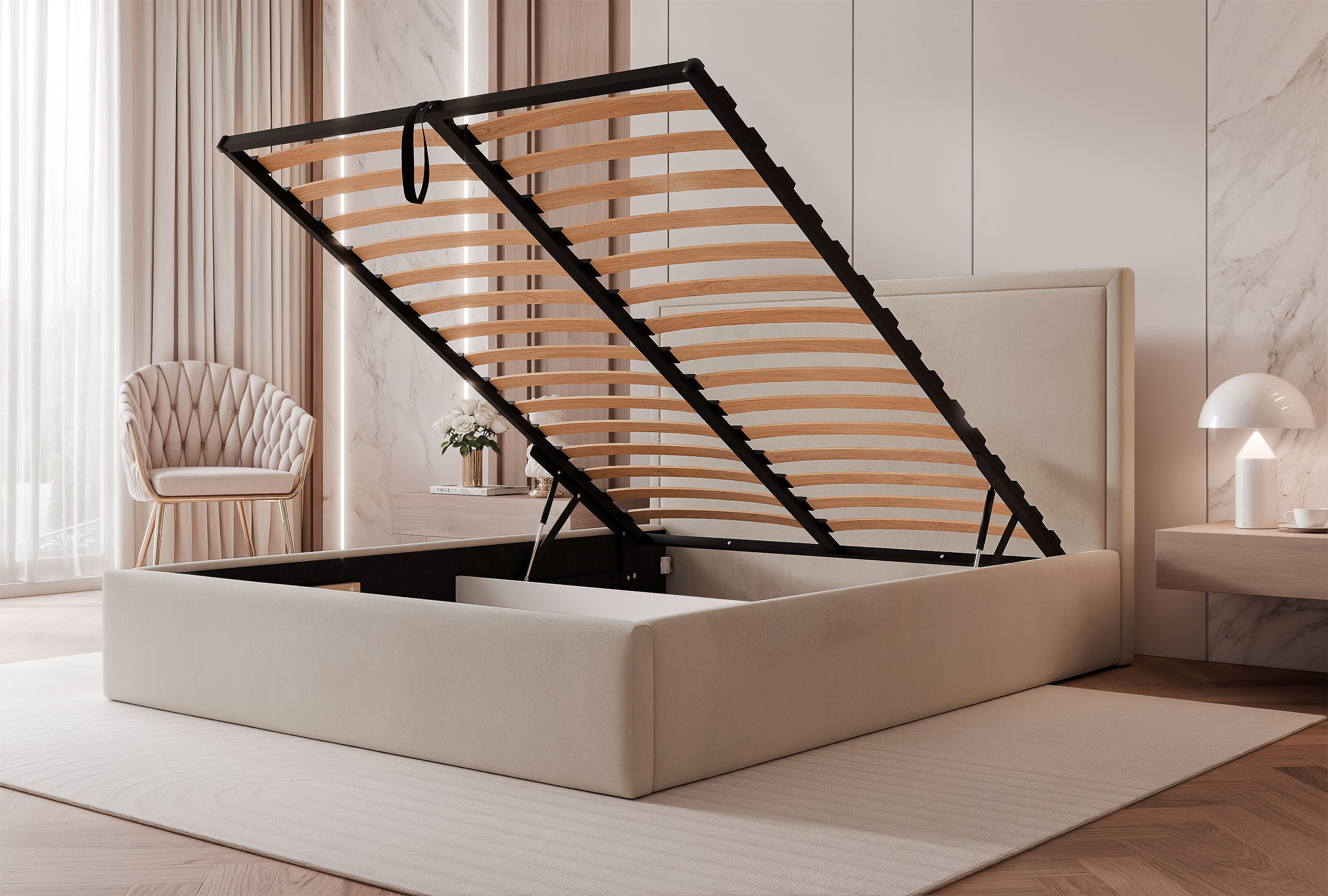 Łóżko tapicerowane 160x200 cm Asurro z pojemnikiem stelaż metalowy beżowe welur hydrofobowy