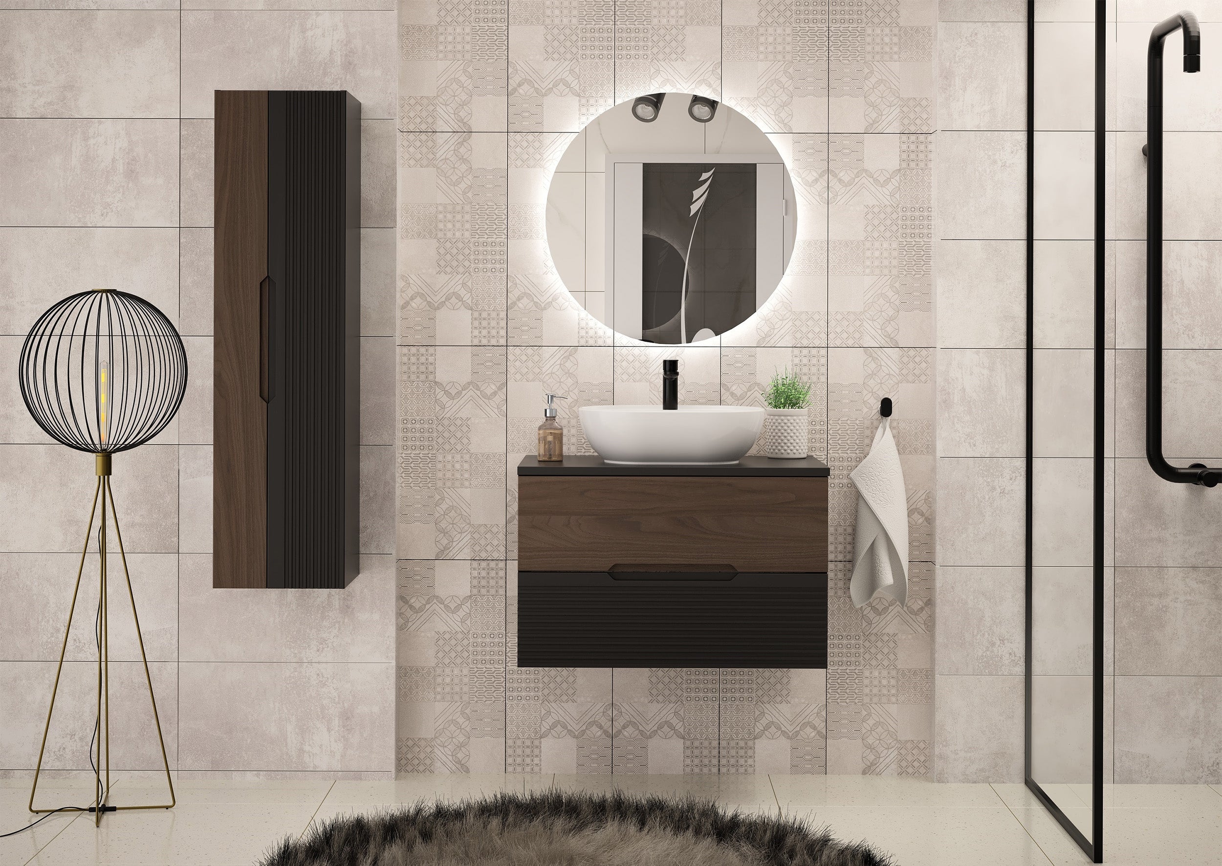 Szafka łazienkowa z blatem Avella 80 cm ryflowany front czarny mat / orzech