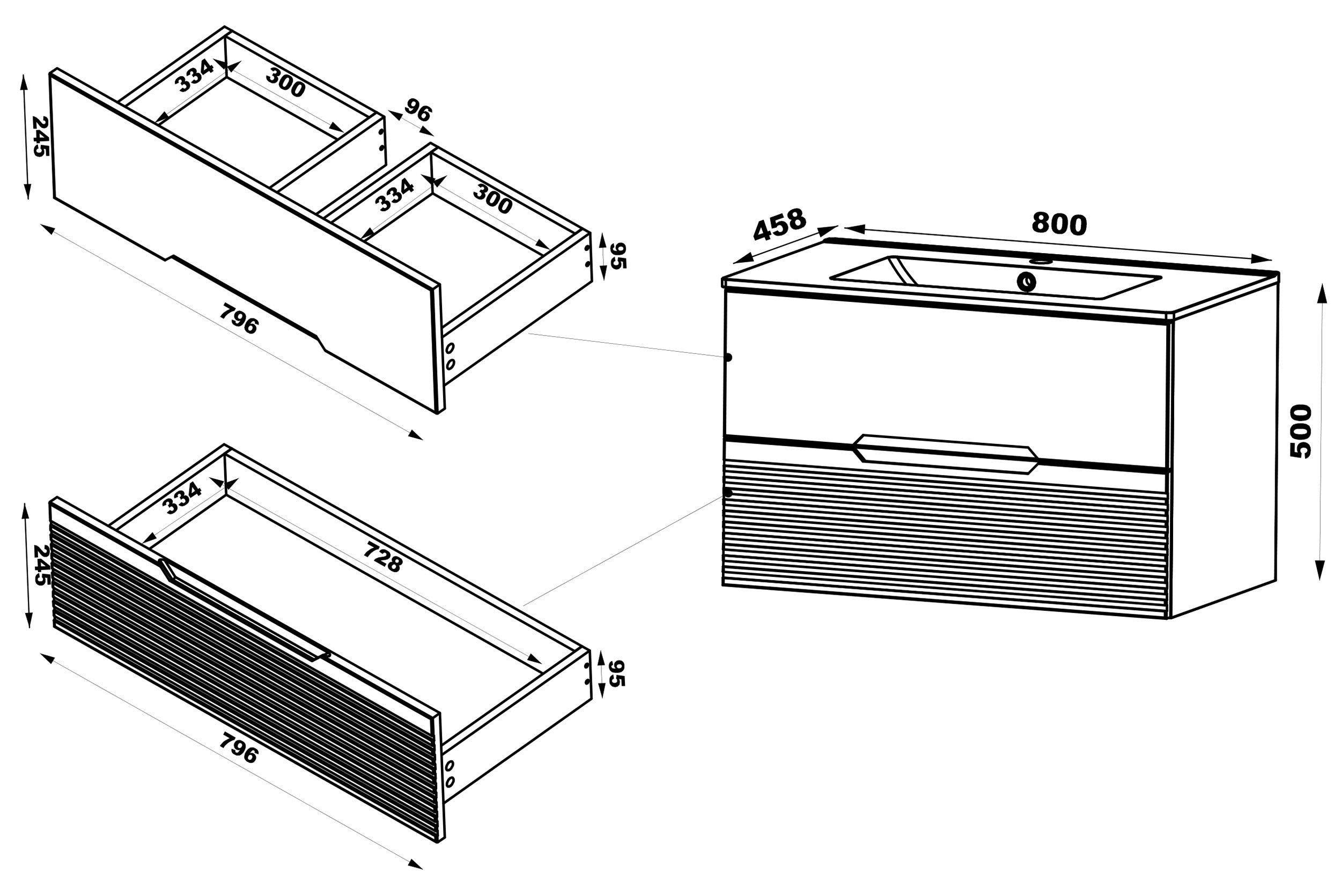 Szafka łazienkowa z blatem Avella 80 cm ryflowany front czarny mat / orzech