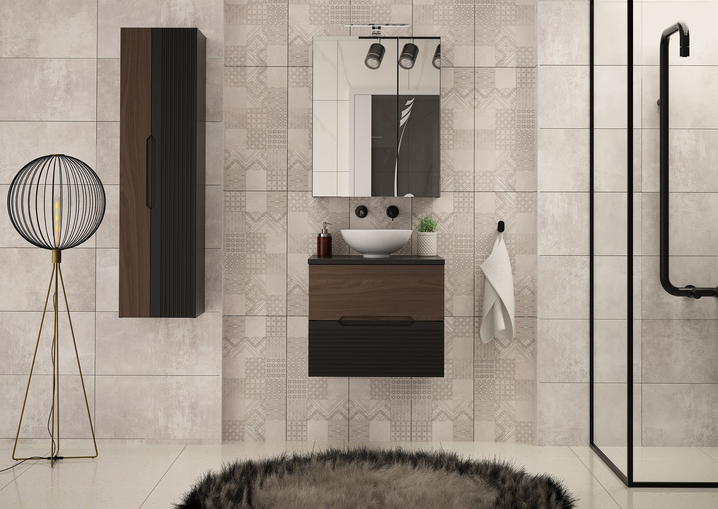 Szafka łazienkowa z blatem Avella 60 cm ryflowany front czarny mat / orzech