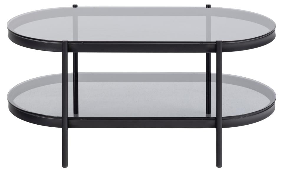 Stolik kawowy Aykal owalny z półką i szklanym blatem na metalowej podstawie 95x50 cm