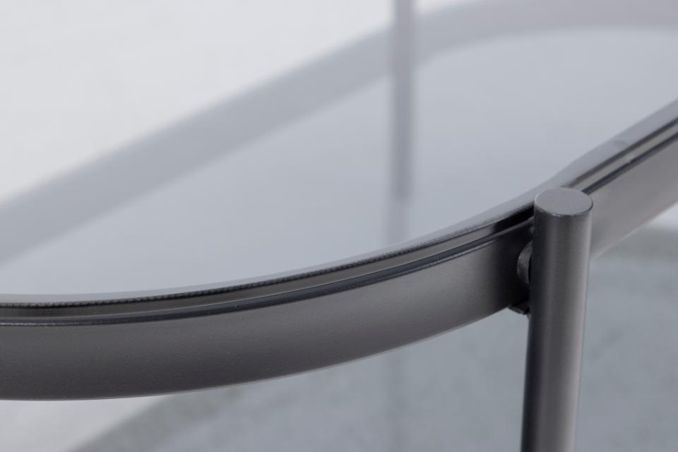 Stolik kawowy Aykal owalny z półką i szklanym blatem na metalowej podstawie 95x50 cm