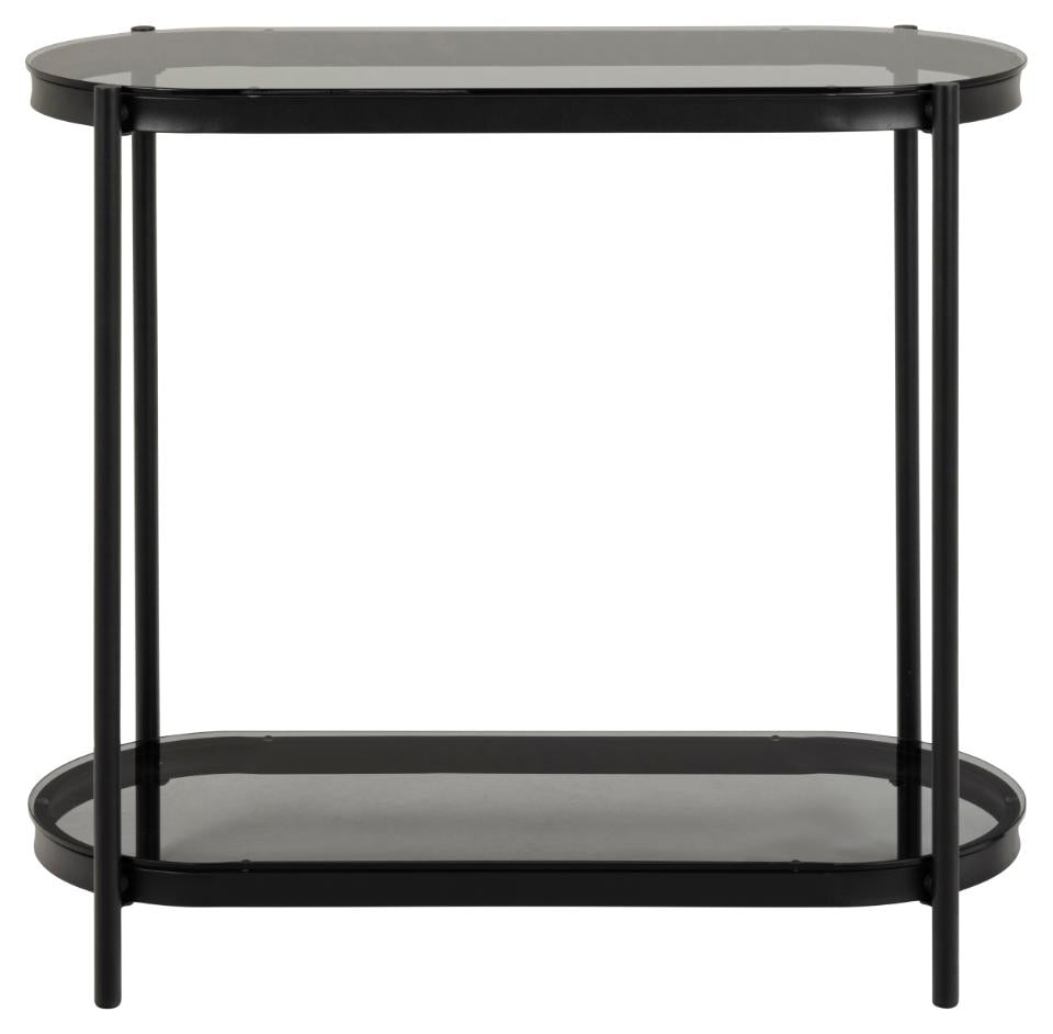 Owalna konsola Aykal czarna z dymionym szklanym blatem i półką na metalowej podstawie 86x35x76 cm
