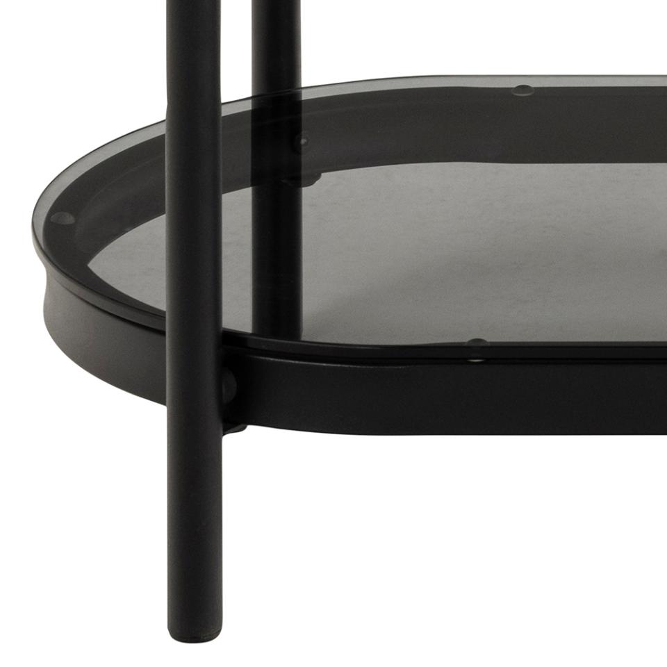 Owalna konsola Aykal czarna z dymionym szklanym blatem i półką na metalowej podstawie 86x35x76 cm