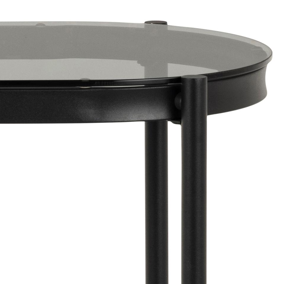 Owalna konsola Aykal czarna z dymionym szklanym blatem i półką na metalowej podstawie 86x35x76 cm