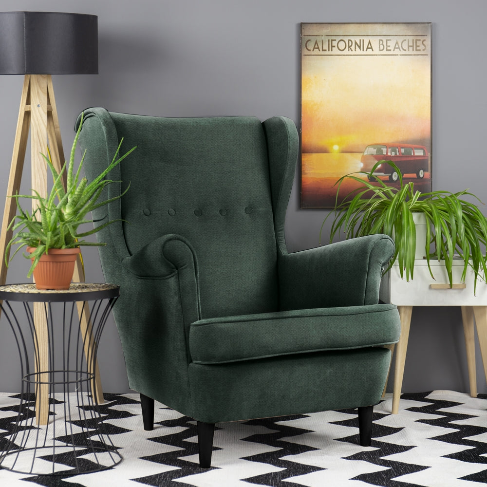 Fotel uszak Malmo butelkowa zieleń w tkaninie Easy Clean na czarnych nóżkach