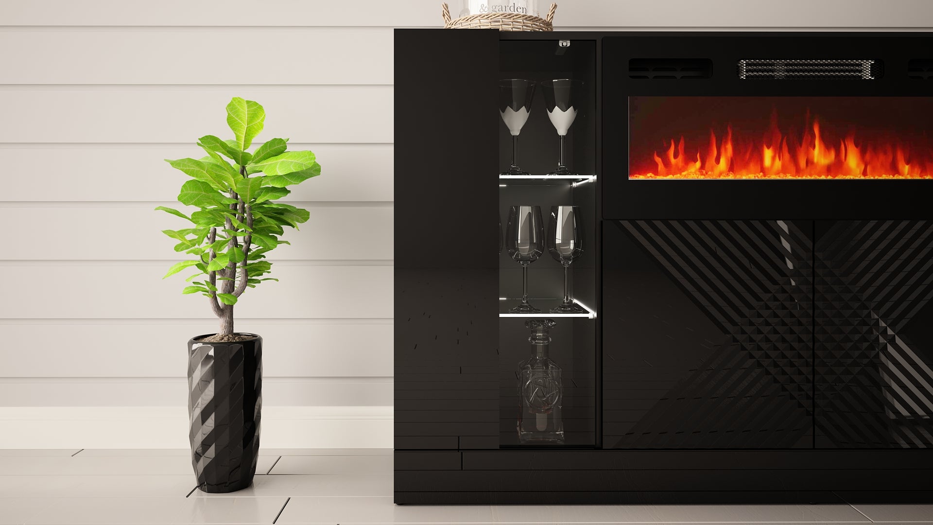 Komoda czterodrzwiowa Darica 160 cm z kominkiem elektrycznym czarny mat / czarny połysk