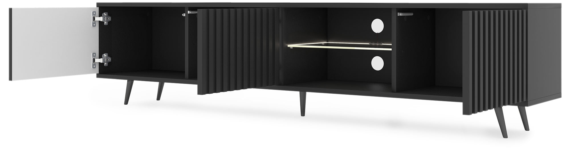 Szafka RTV Bello z lamelowymi frontami 175 cm czarna z led z czarnymi nogami