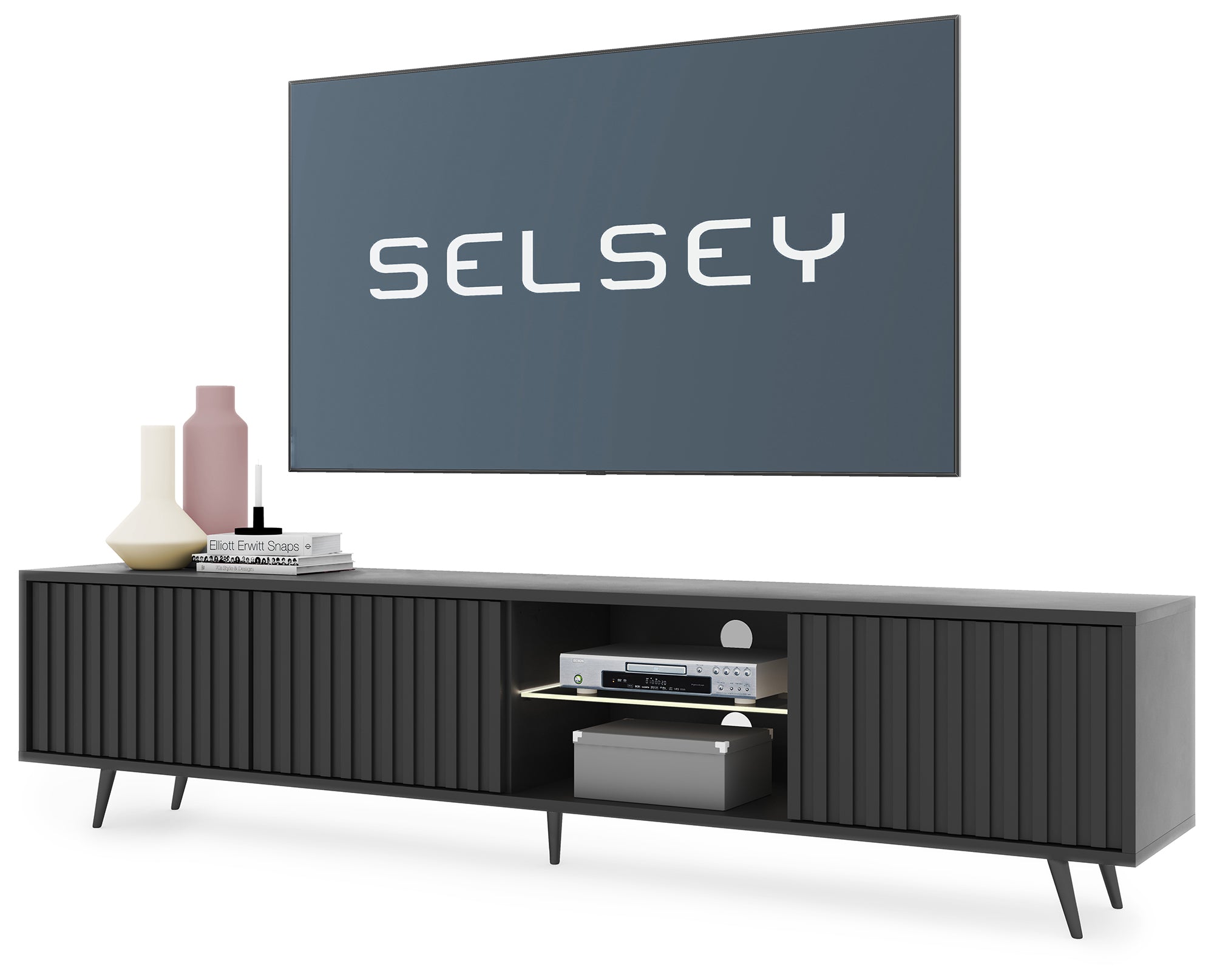 Szafka RTV Bello z lamelowymi frontami 175 cm czarna z led z czarnymi nogami