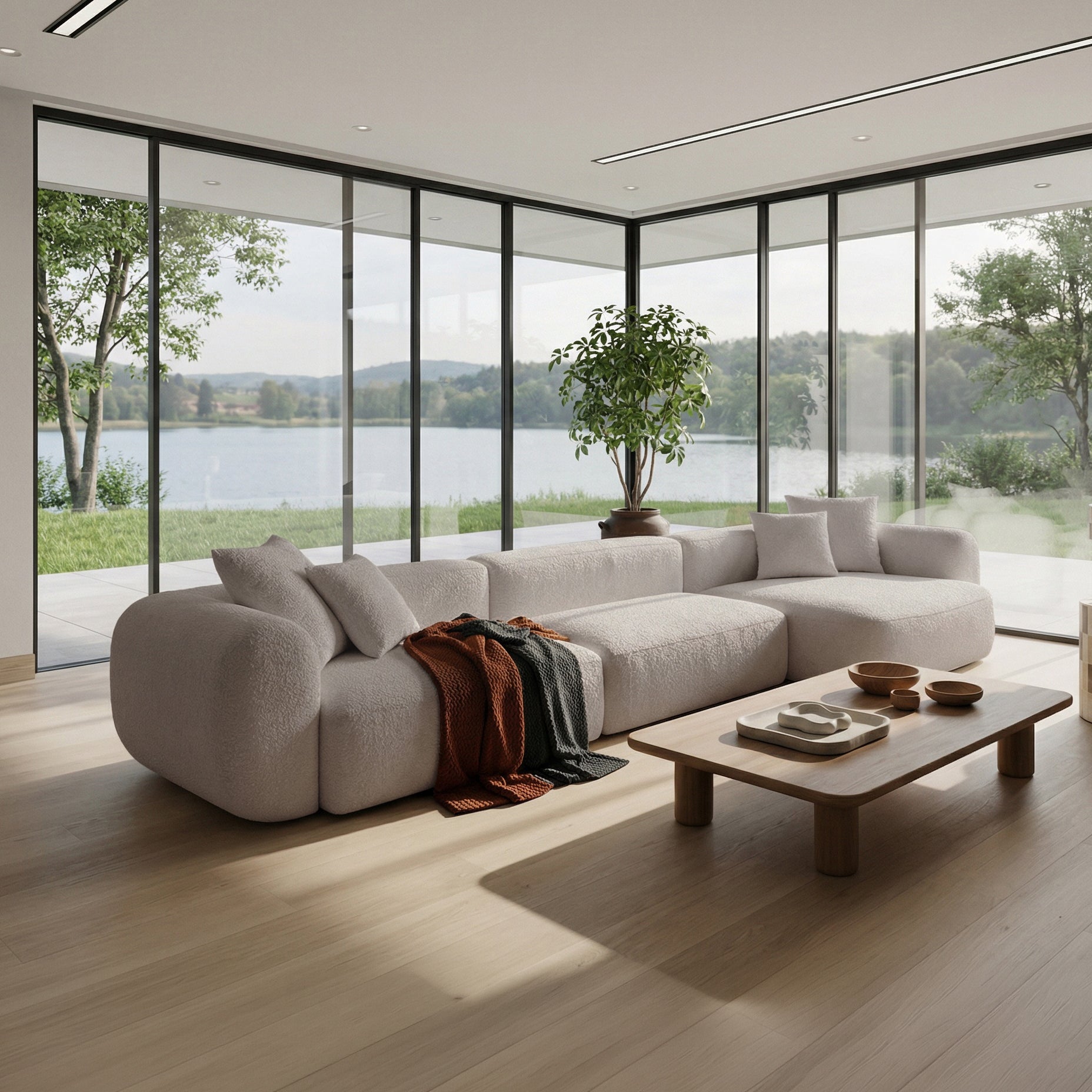 Narożnik modułowy Baomi L-kształtny duży prawostronny jasnobeżowy szenil