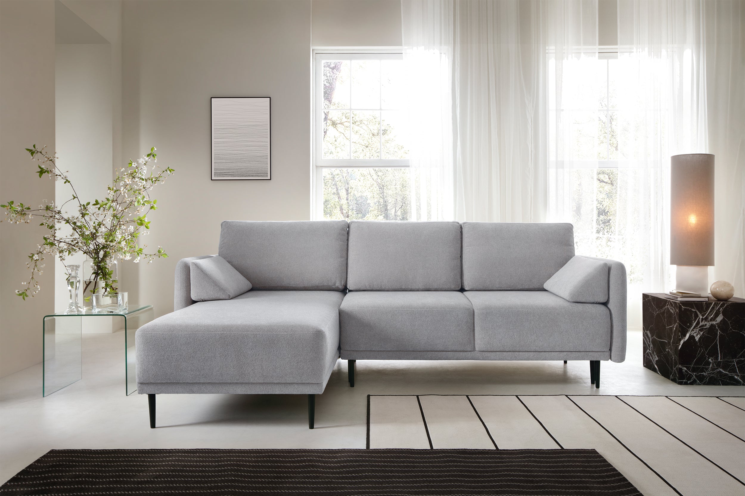 Narożnik z funkcją spania Bardo L-kształtny uniwersalny z pojemnikiem jasnoszary szenil