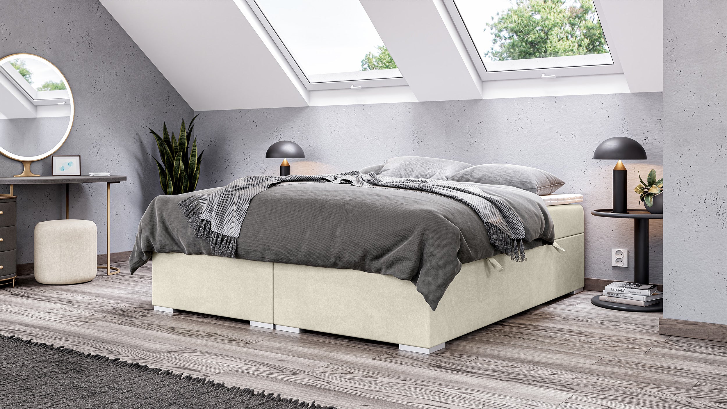 Łóżko kontynentalne Baseo wysokie 160x200 cm bez wezgłowia z pojemnikami i topperem kremowe welur hydrofobowy