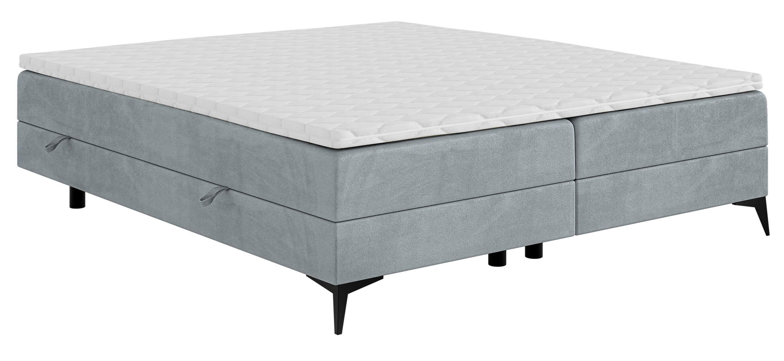 Łóżko kontynentalne Baseo niskie 140x200 cm bez wezgłowia z pojemnikami i topperem jasnoszare welur hydrofobowy