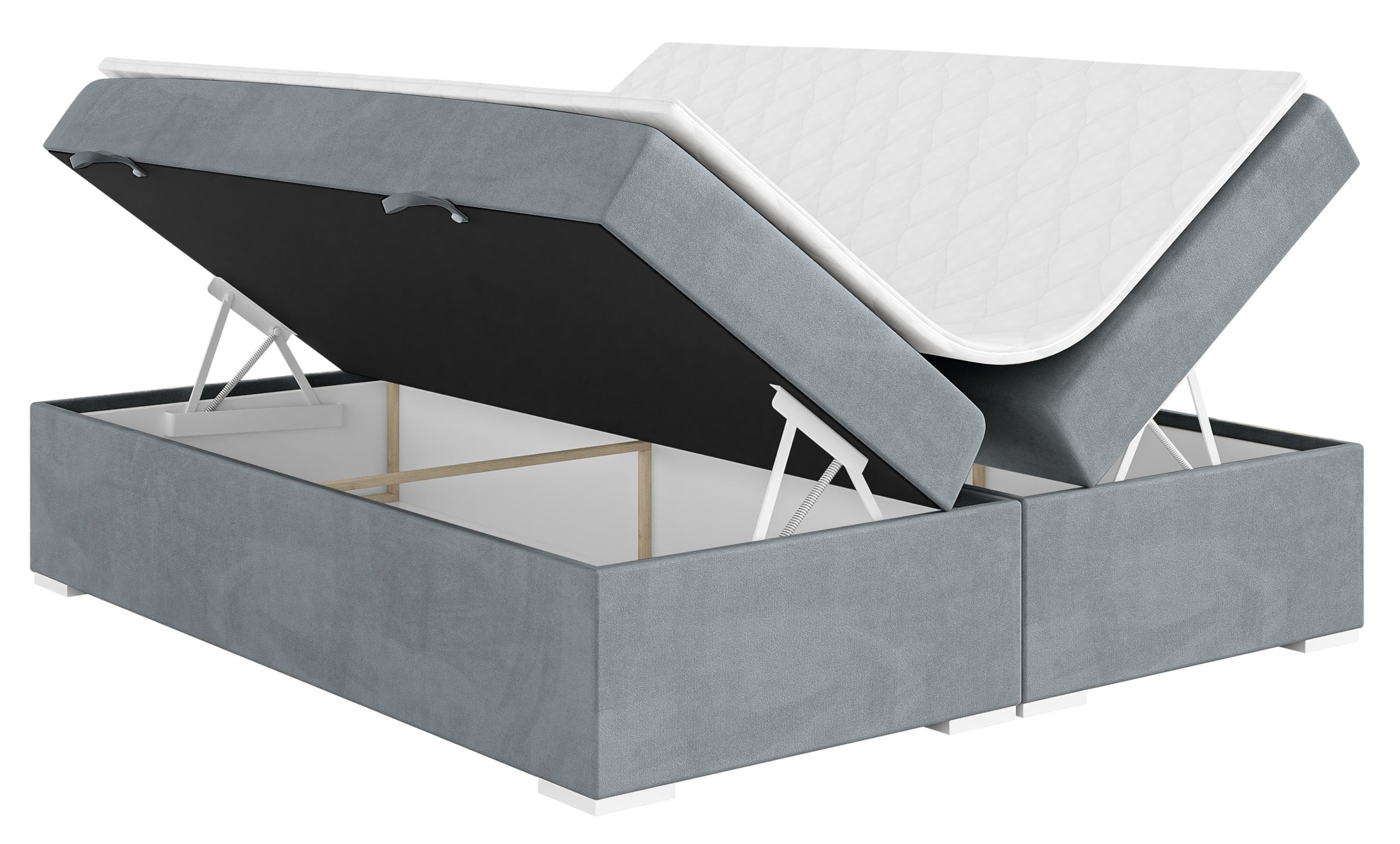 Łóżko kontynentalne Baseo wysokie 140x200 cm bez wezgłowia z pojemnikami i topperem jasnoszare welur hydrofobowy