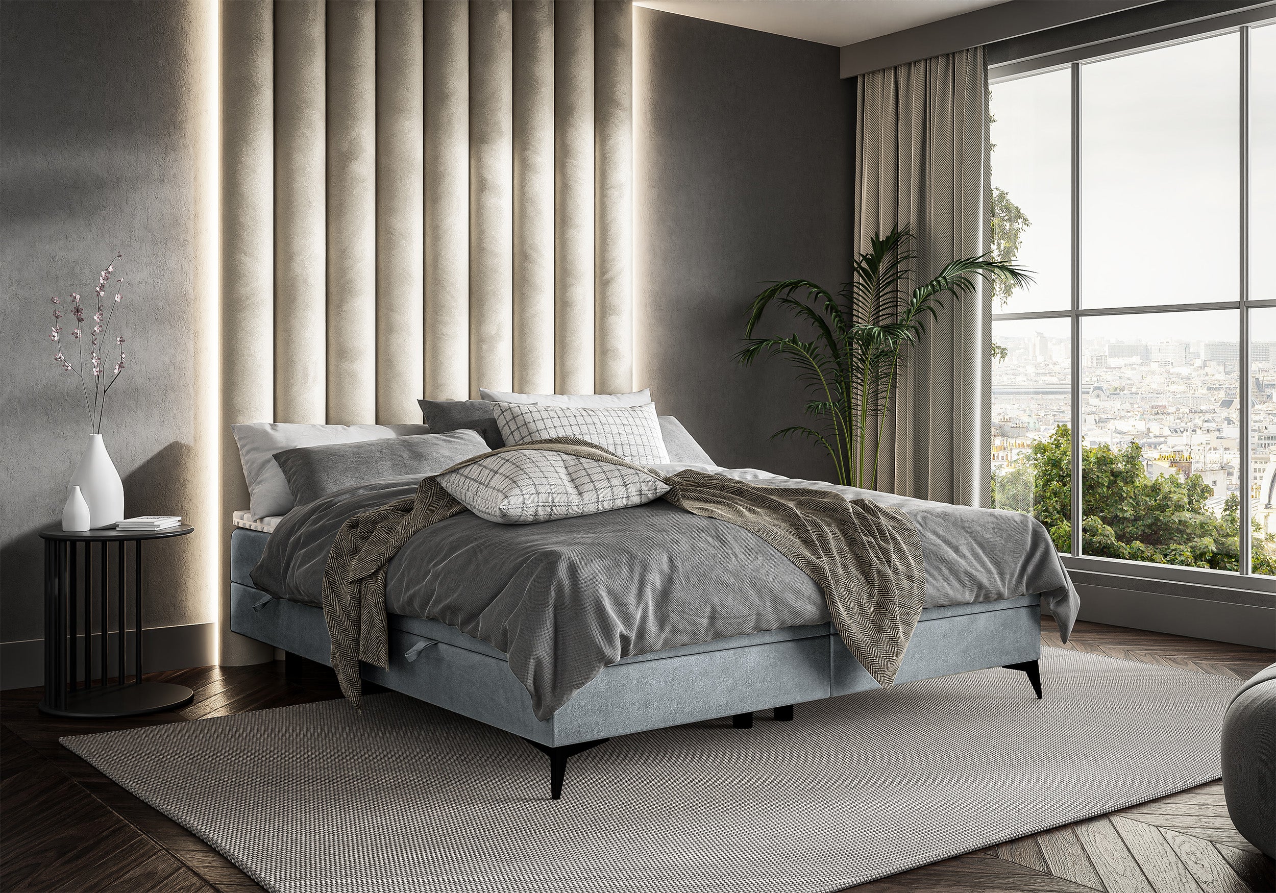 Łóżko kontynentalne Baseo niskie 140x200 cm bez wezgłowia z pojemnikami i topperem jasnoszare welur hydrofobowy