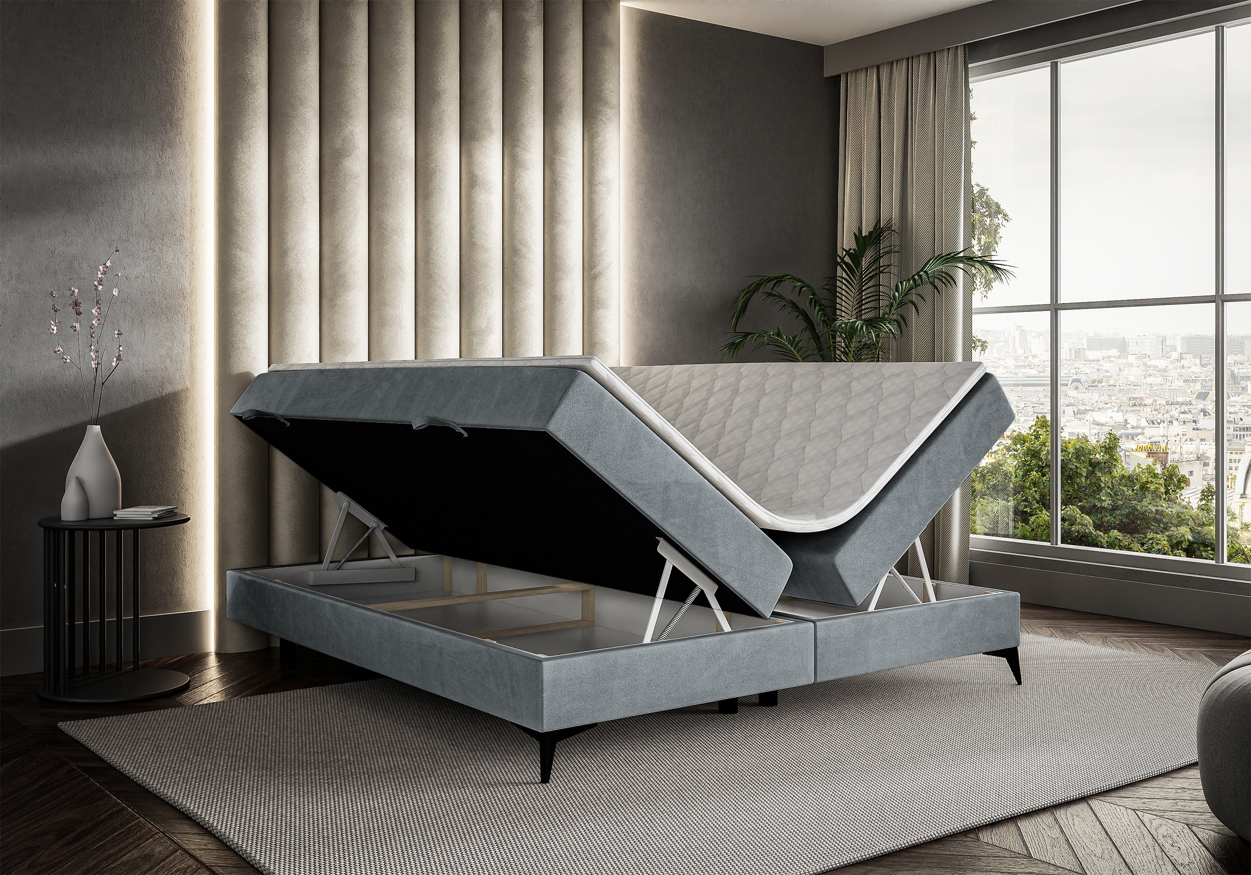 Łóżko kontynentalne Baseo niskie 140x200 cm bez wezgłowia z pojemnikami i topperem jasnoszare welur hydrofobowy