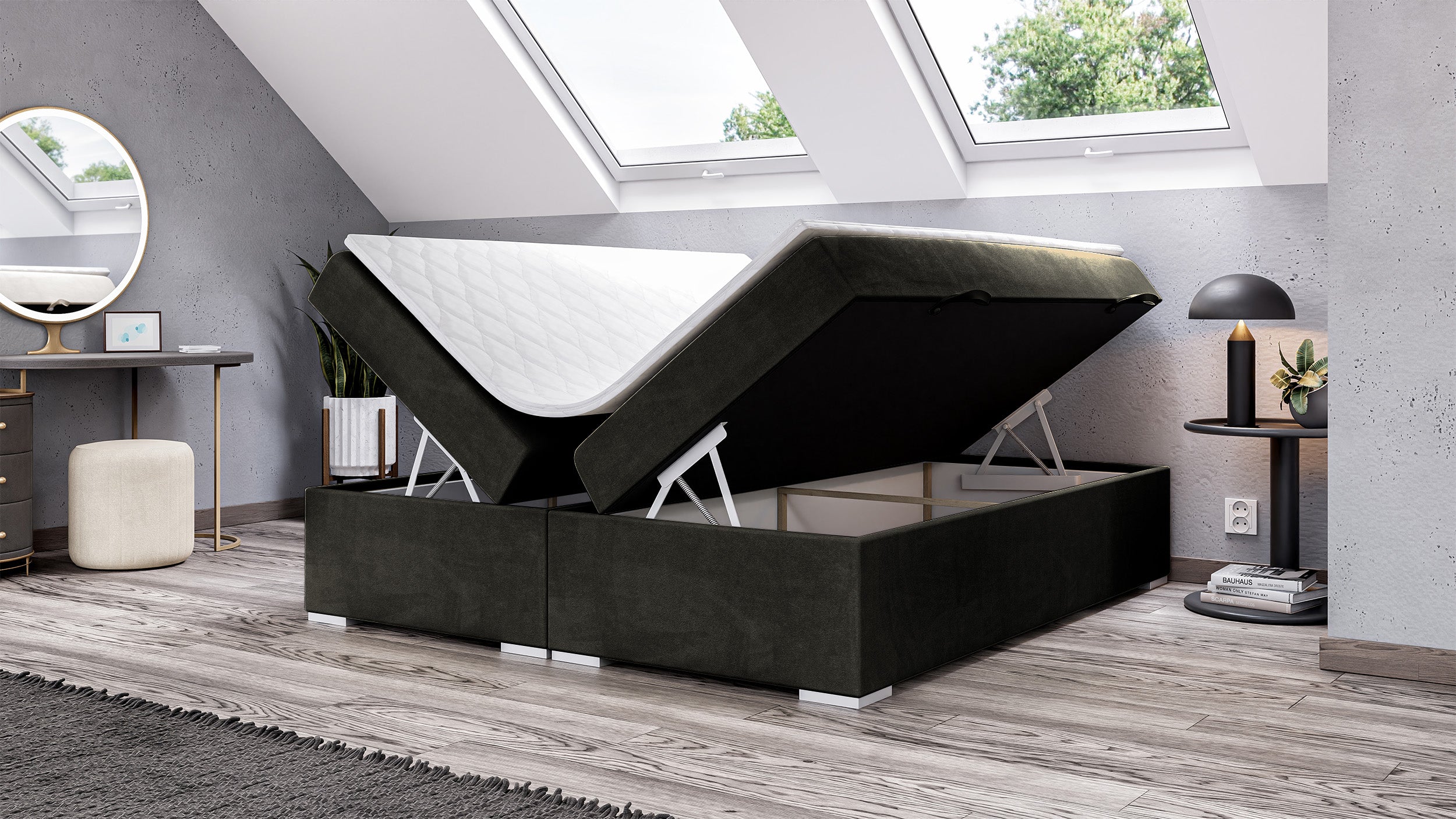 Łóżko kontynentalne Baseo wysokie 160x200 cm bez wezgłowia z pojemnikami i topperem grafitowe welur hydrofobowy