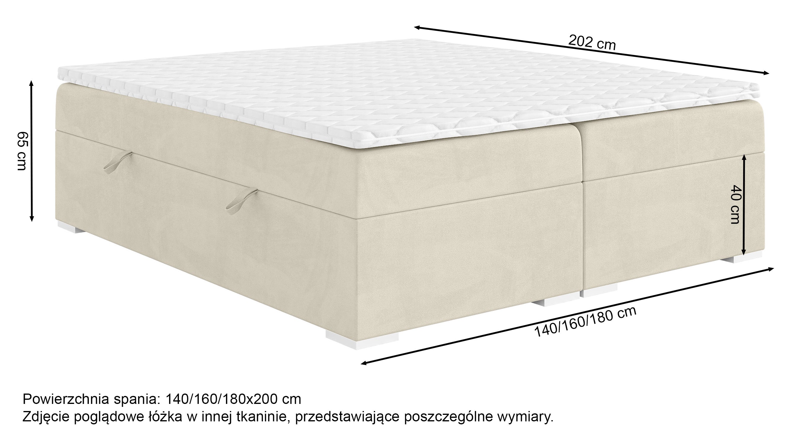 Łóżko kontynentalne Baseo wysokie 180x200 cm bez wezgłowia z pojemnikami i topperem kremowe welur hydrofobowy