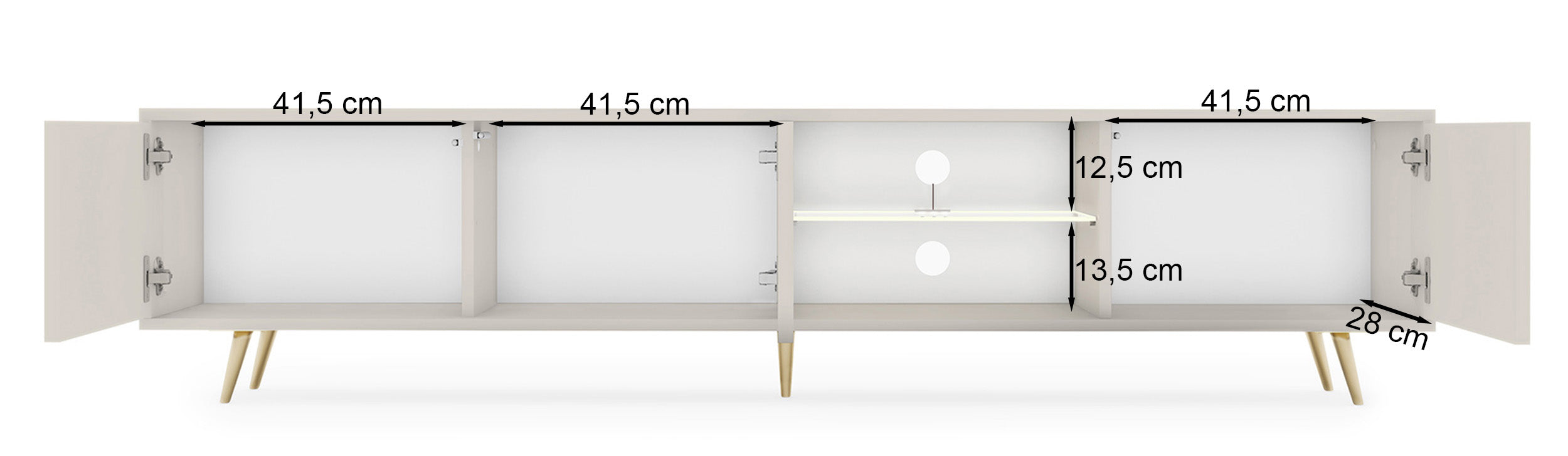 Szafka RTV trzydrzwiowa Bello z lamelowymi frontami i szklaną półką z oświetleniem LED 175 cm kaszmir na złotych nóżkach
