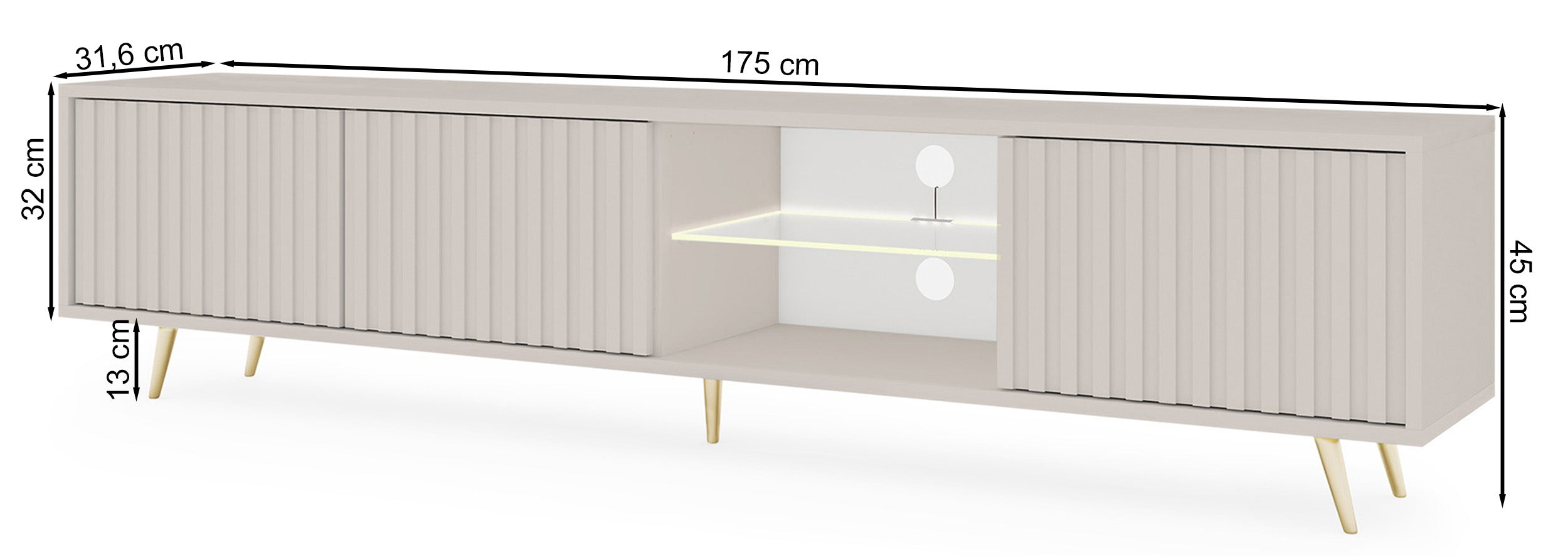 Szafka RTV trzydrzwiowa Bello z lamelowymi frontami i szklaną półką z oświetleniem LED 175 cm kaszmir na złotych nóżkach