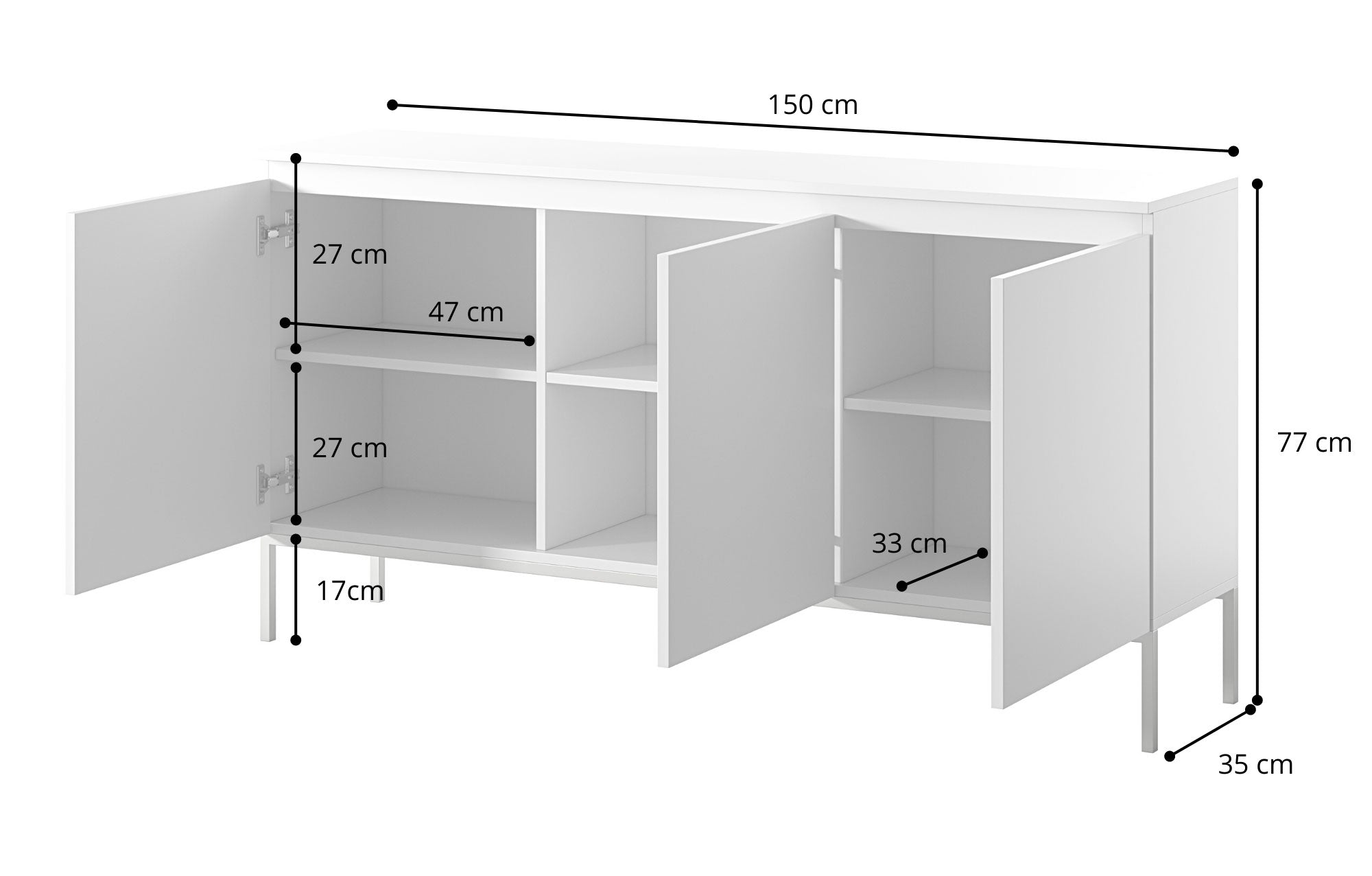 Komoda trzydrzwiowa Bemmi 150 cm czarna z czarnymi nogami