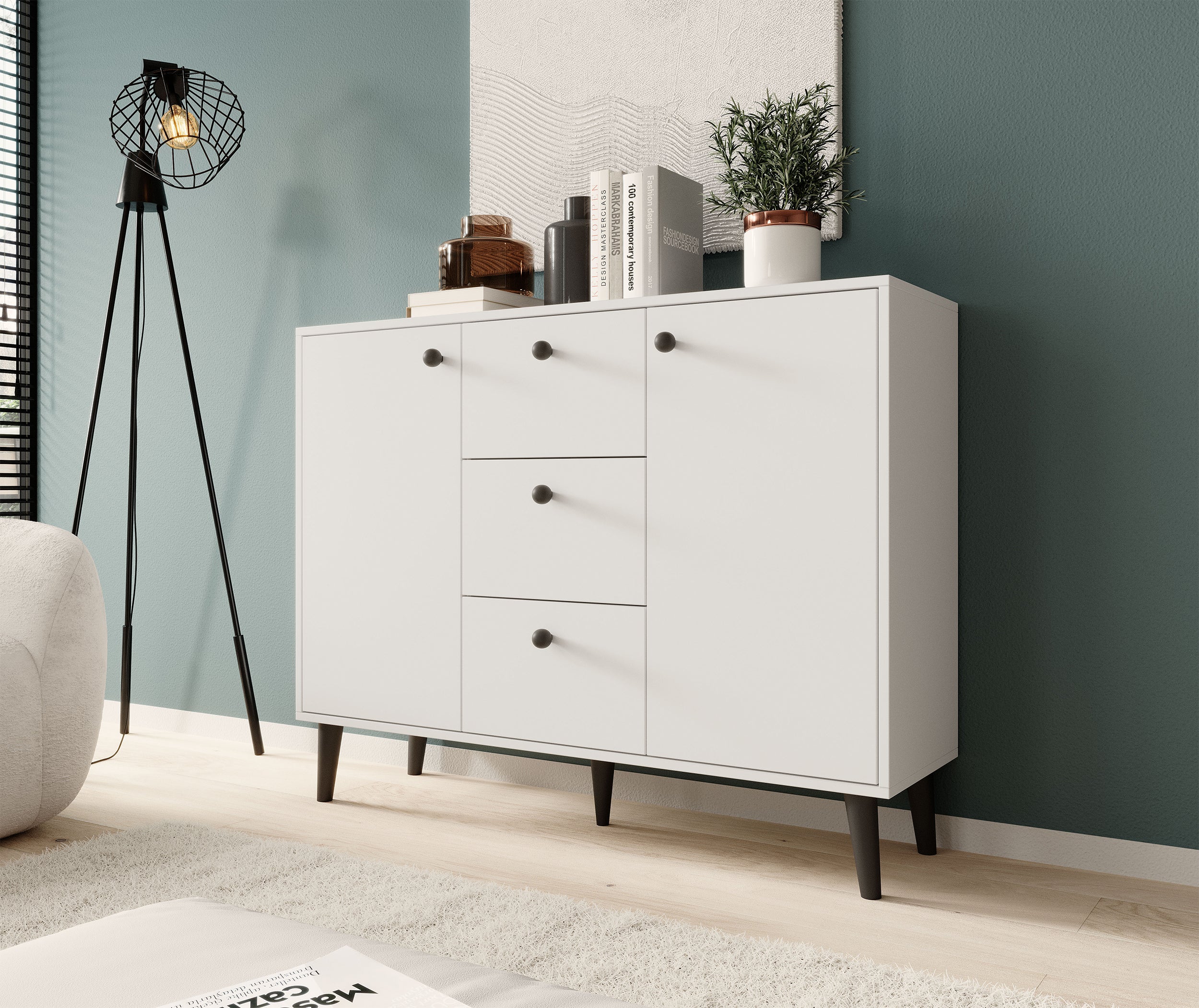 Komoda dwudrzwiowa Tallanzi 120 cm biała z czarnymi nóżkami