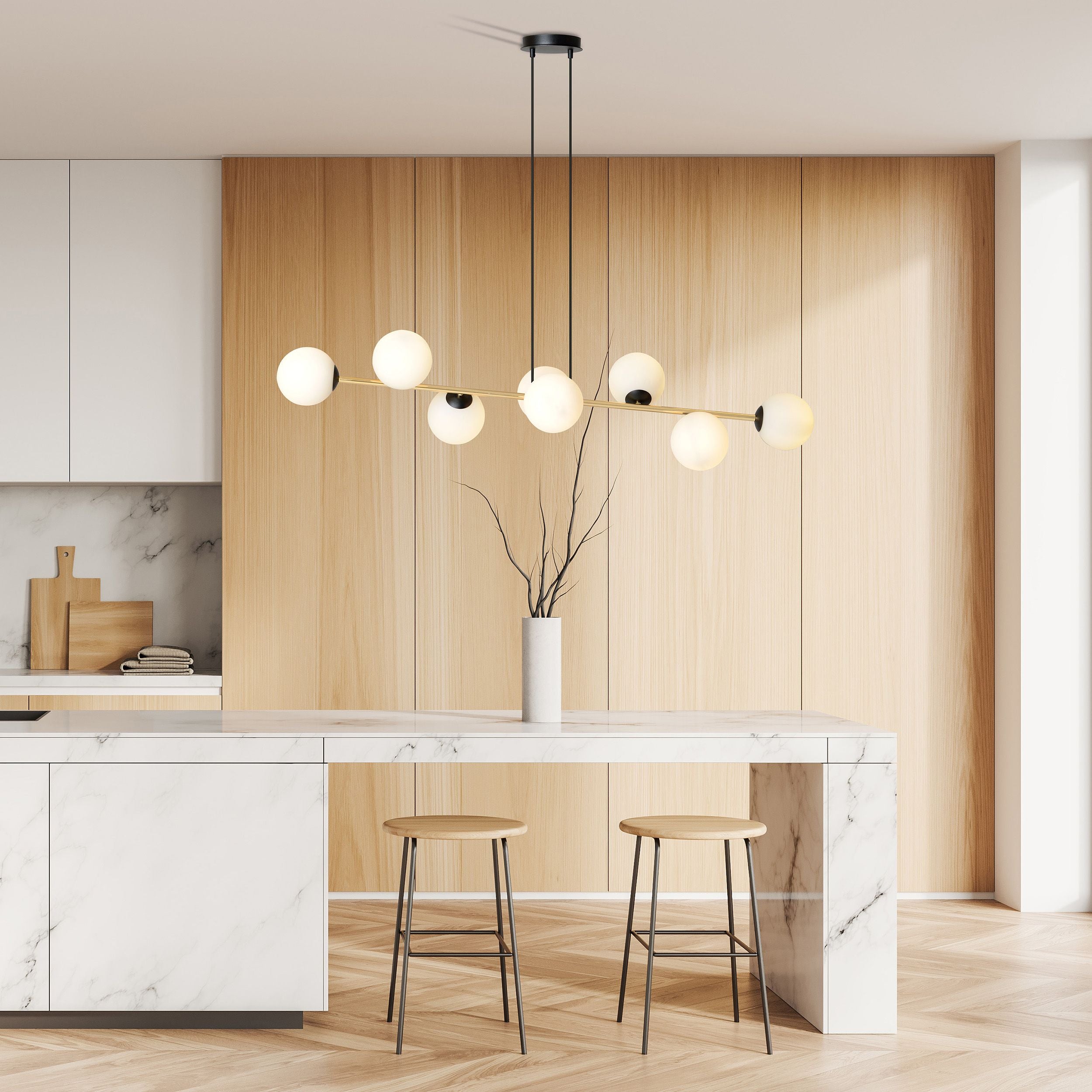 Lampa wisząca Bestalles czarno-złota z białymi kloszami x8