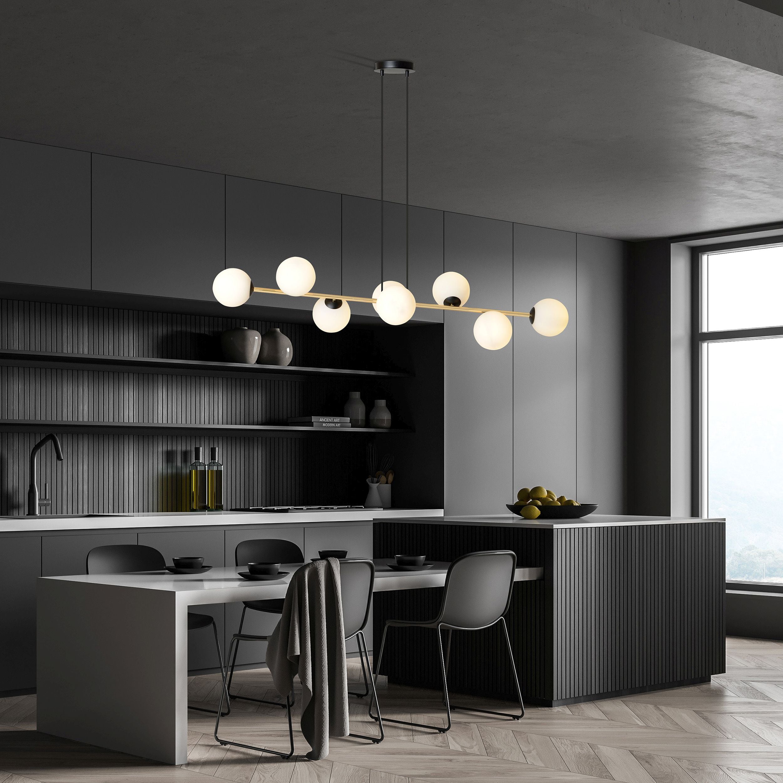 Lampa wisząca Bestalles czarno-złota z białymi kloszami x8