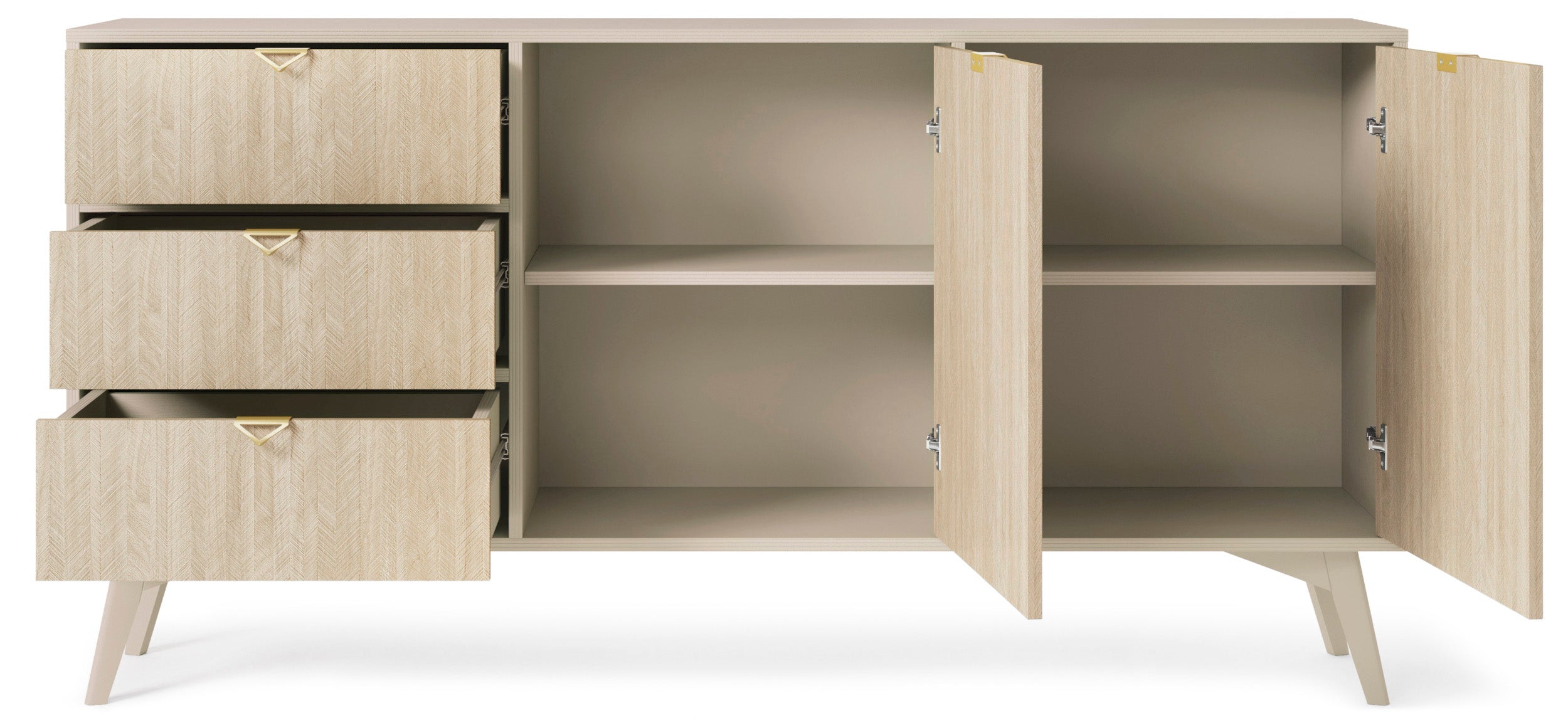 Komoda Favoria dwudrzwiowa z szufladami 158 cm beżowa/jodełka scandi ze złotymi uchwytami