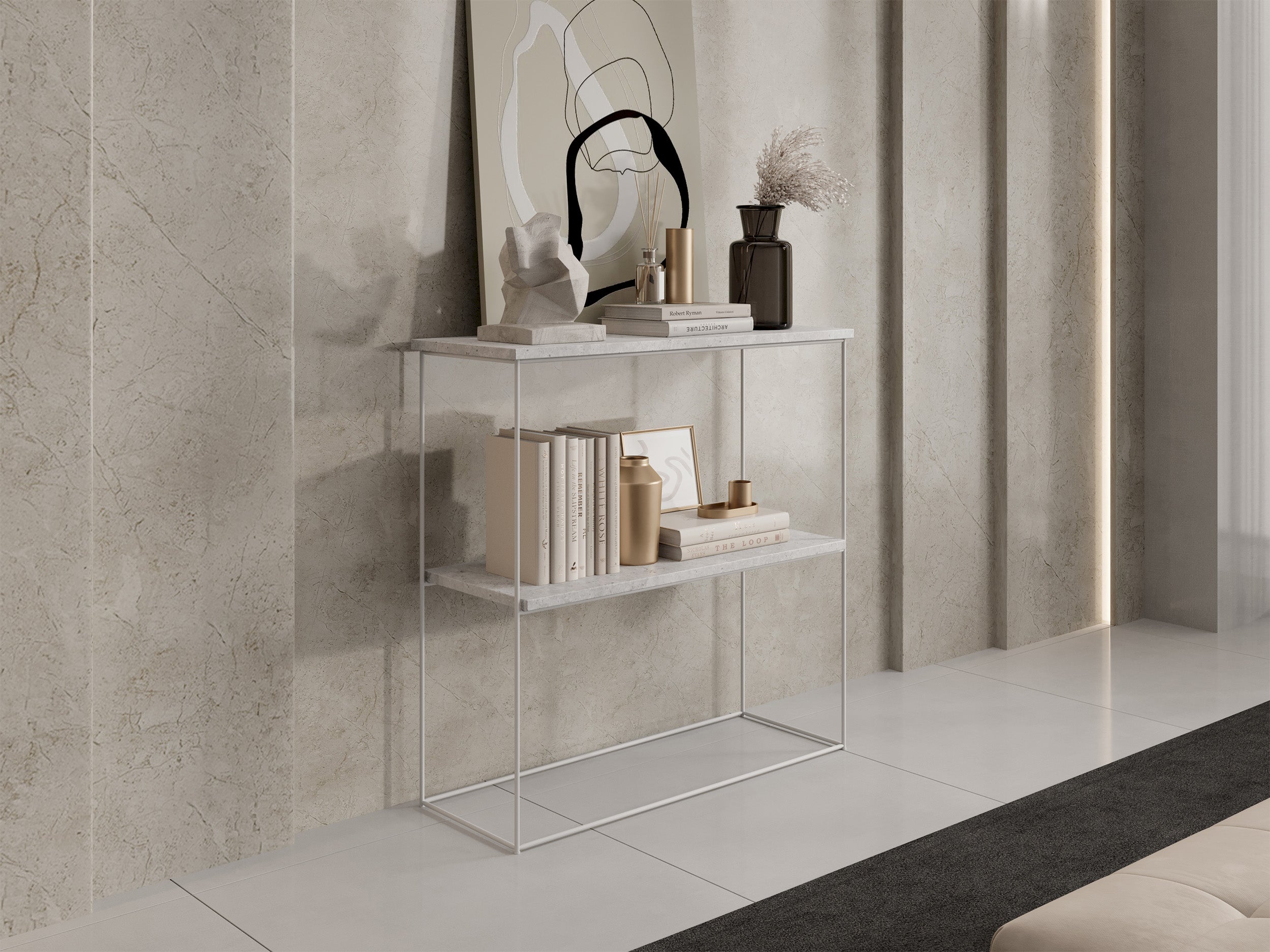 Konsola Toni z półką 80 cm Beton z białymi nogami