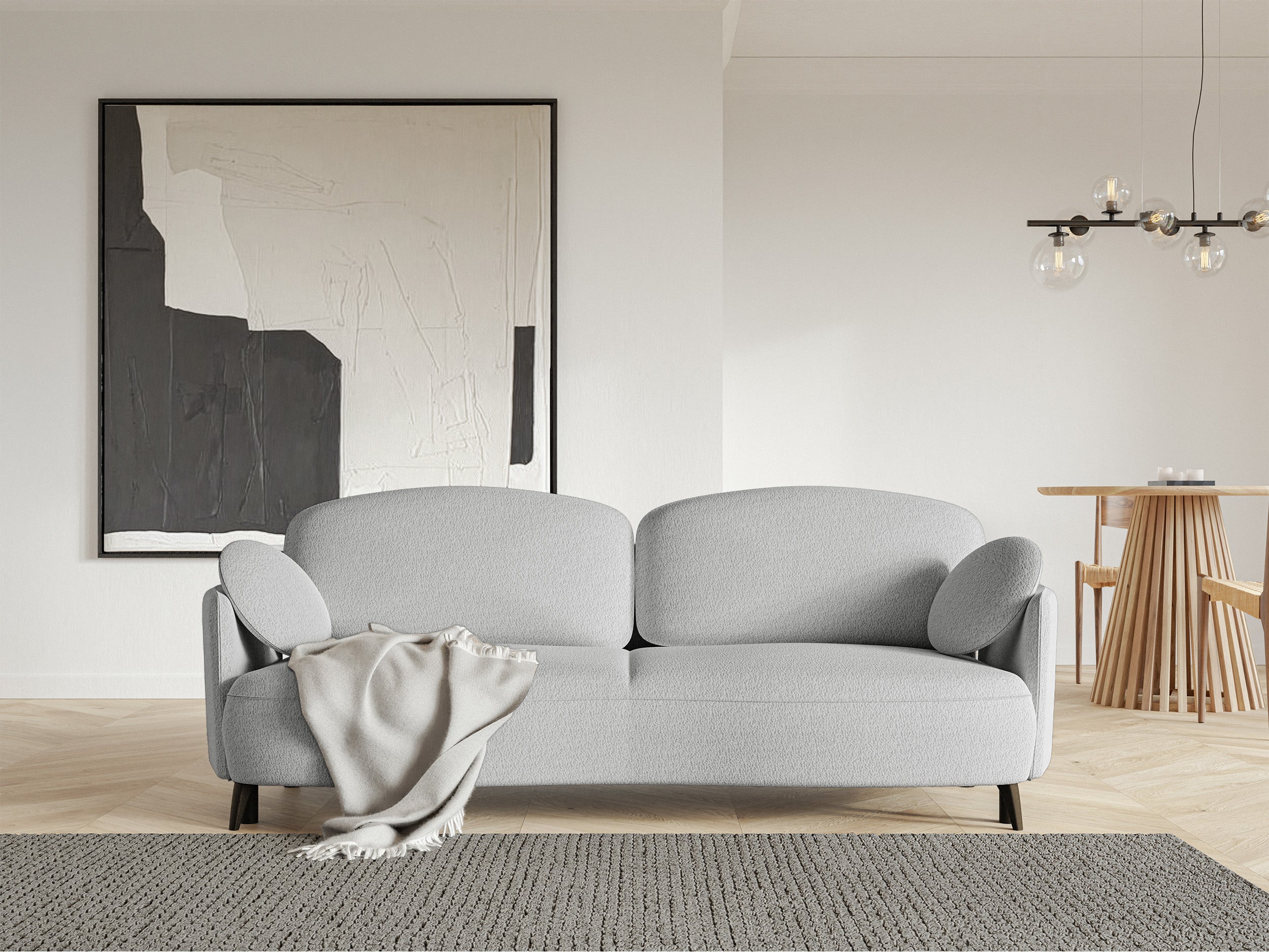 Kanapa rozkładana trzyosobowa Raviolo z pojemnikiem jasnoszara boucle nóżki czarne