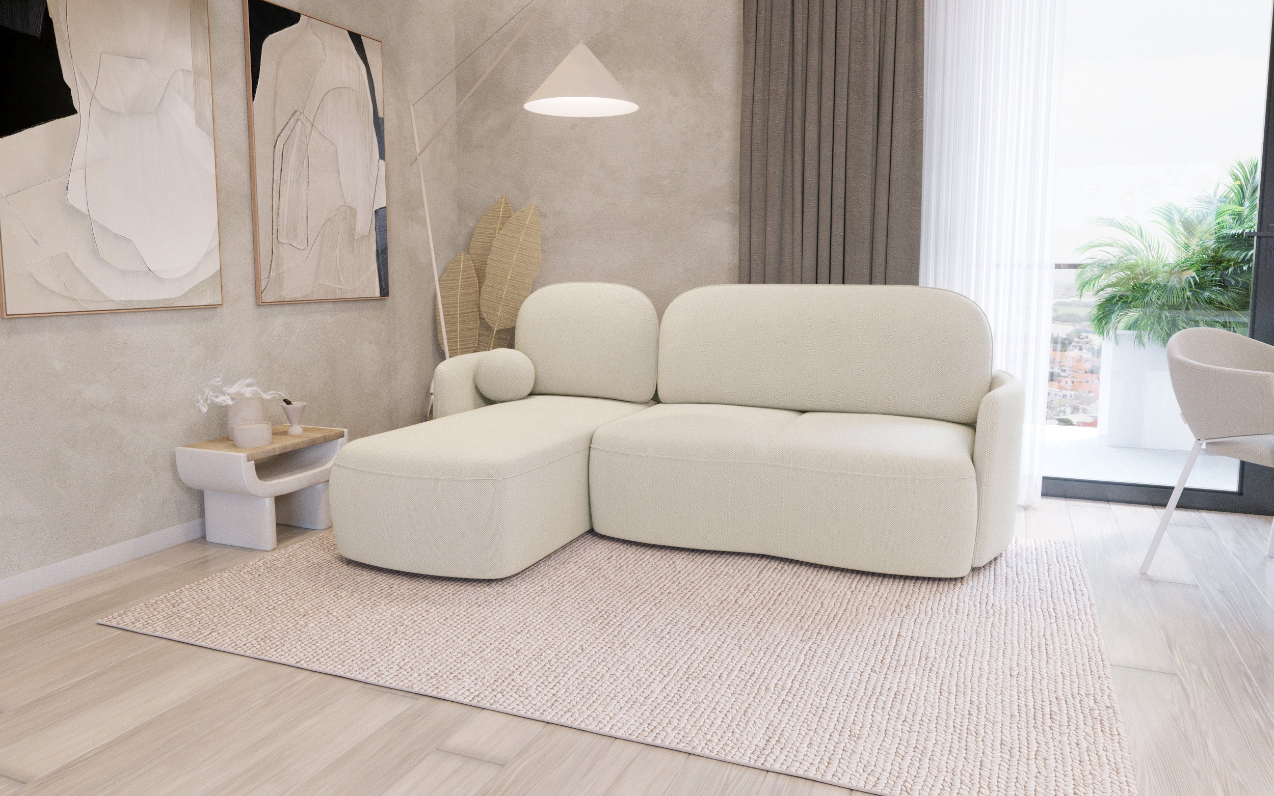 Narożnik z funkcją spania Blummi L-kształtny uniwersalny z pojemnikiem kremowy szenil hydrofobowy