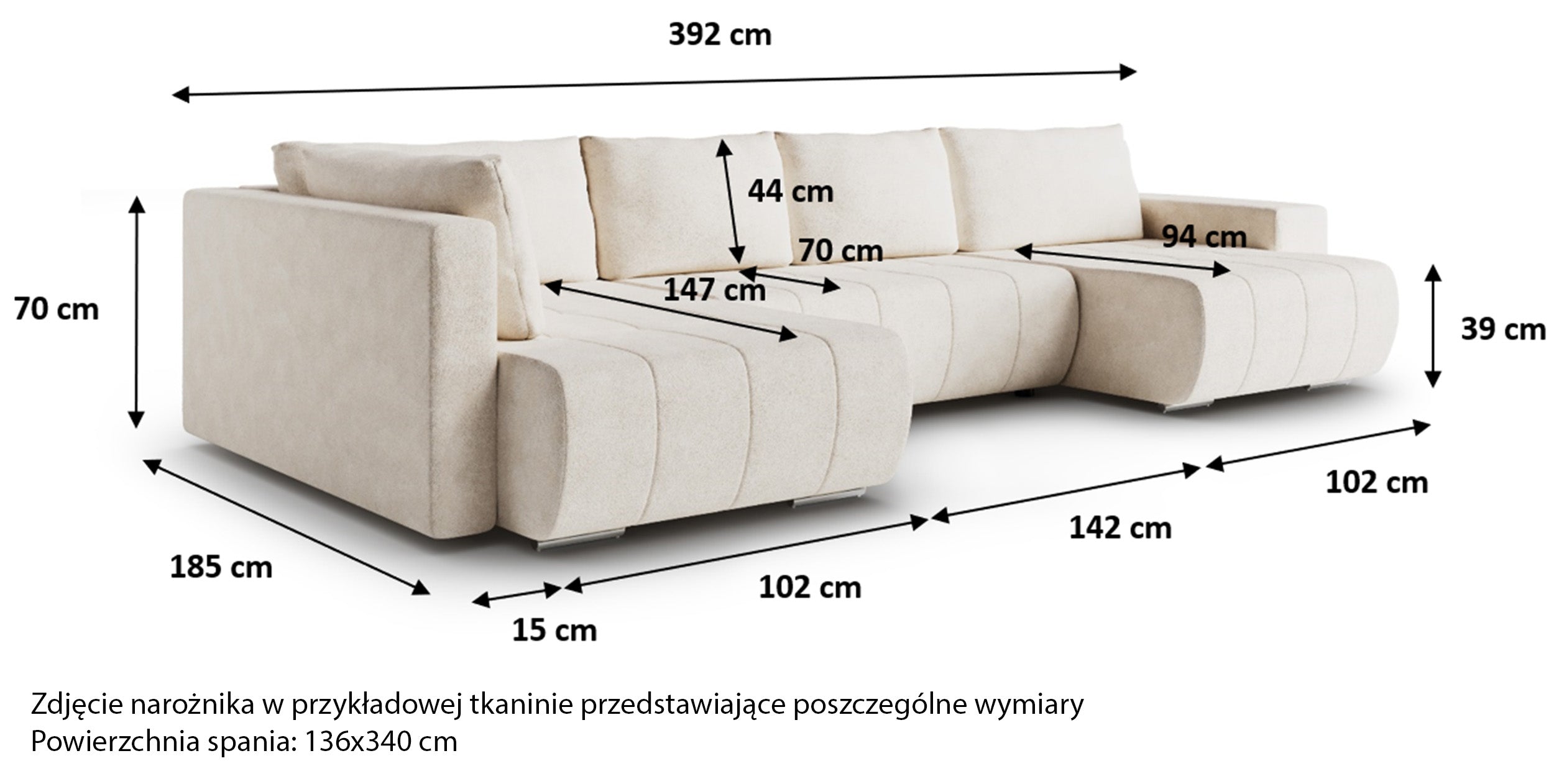 Narożnik z funkcją spania Blur U-kształtny lewostronny z pojemnikiem jasnoszary plecionka hydrofobowa