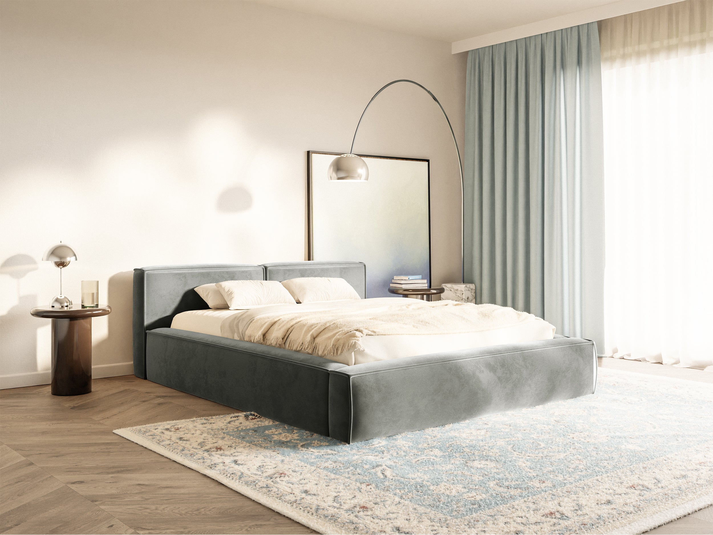 Łóżko tapicerowane 200x200 cm Tilves Slim Low z pojemnikiem stelaż metalowy szare welur