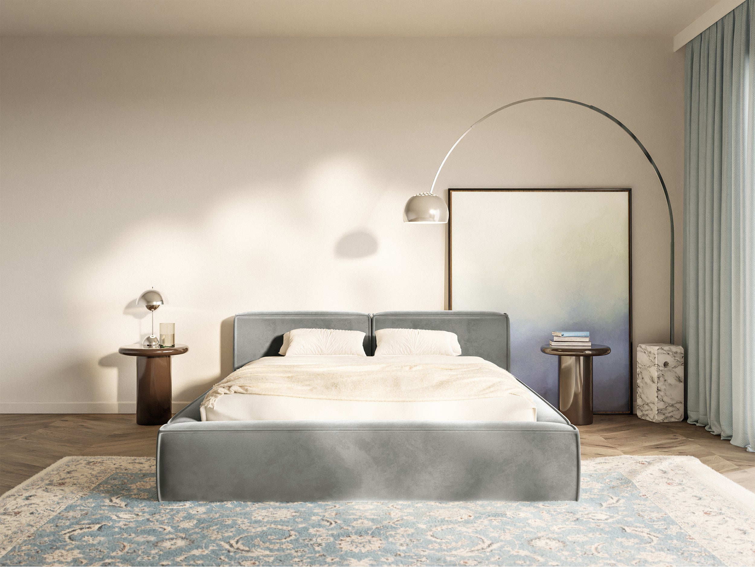 Łóżko tapicerowane 140x200 cm Tilves Slim Low z pojemnikiem stelaż metalowy szare welur