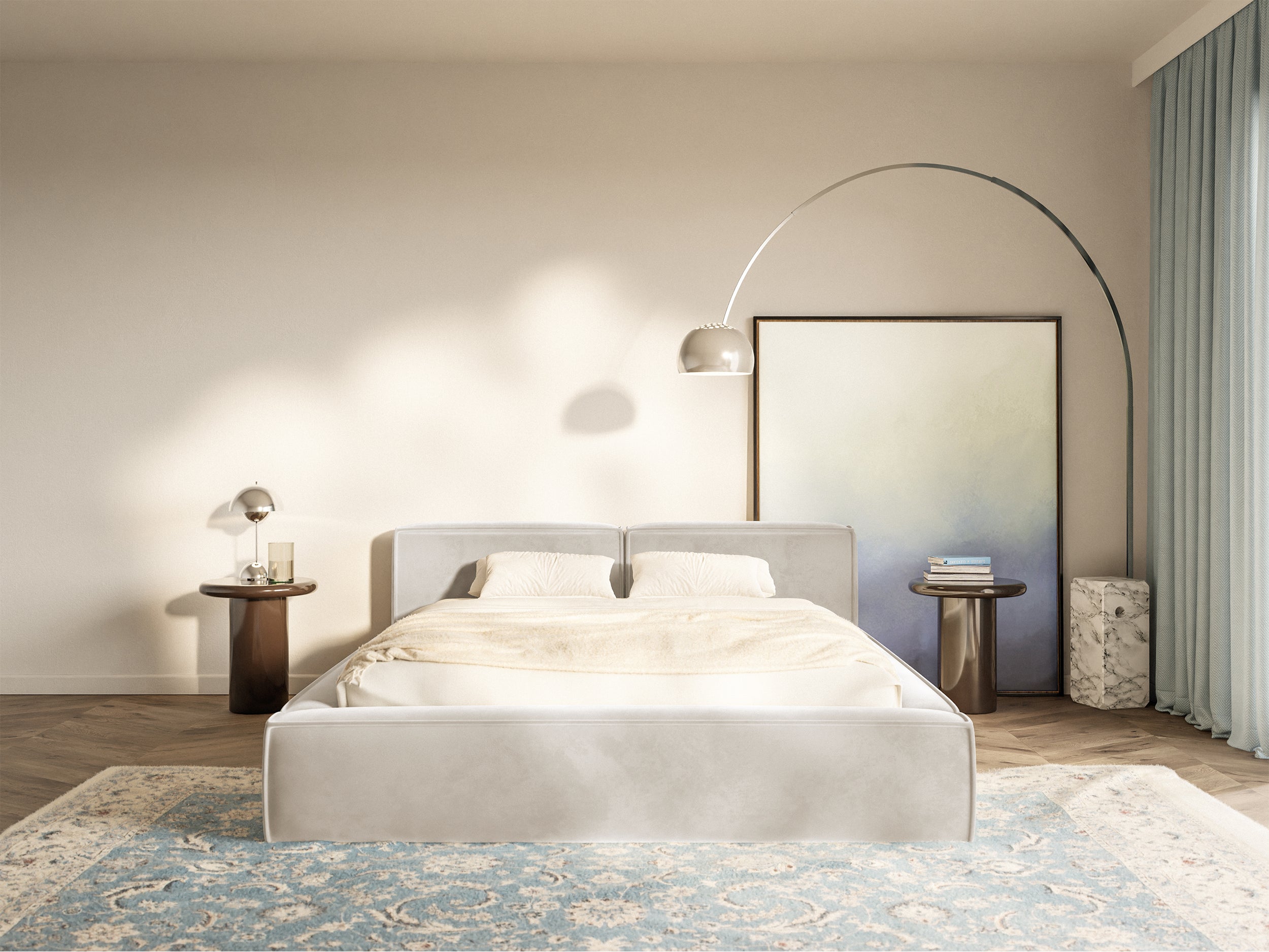 Łóżko tapicerowane 140x200 cm Tilves Slim Low z pojemnikiem stelaż metalowy szarobeżowe welur