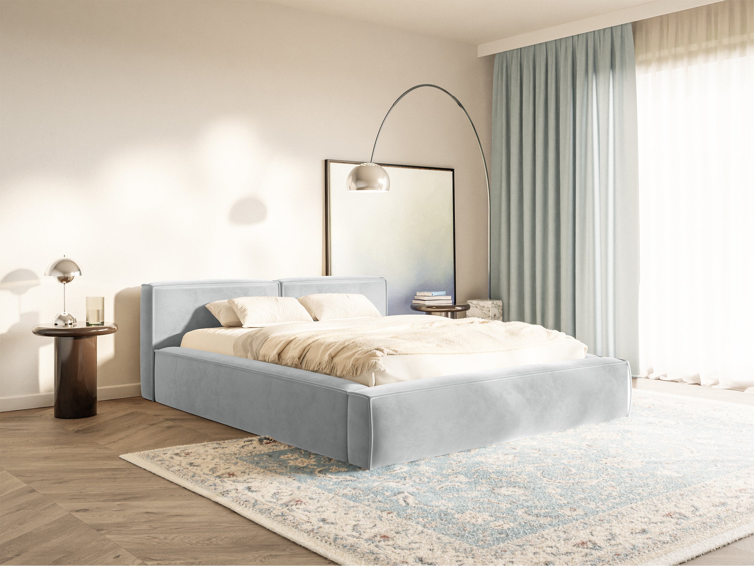 Łóżko tapicerowane 140x200 cm Tilves Slim Low z pojemnikiem stelaż metalowy jasnoszare welur