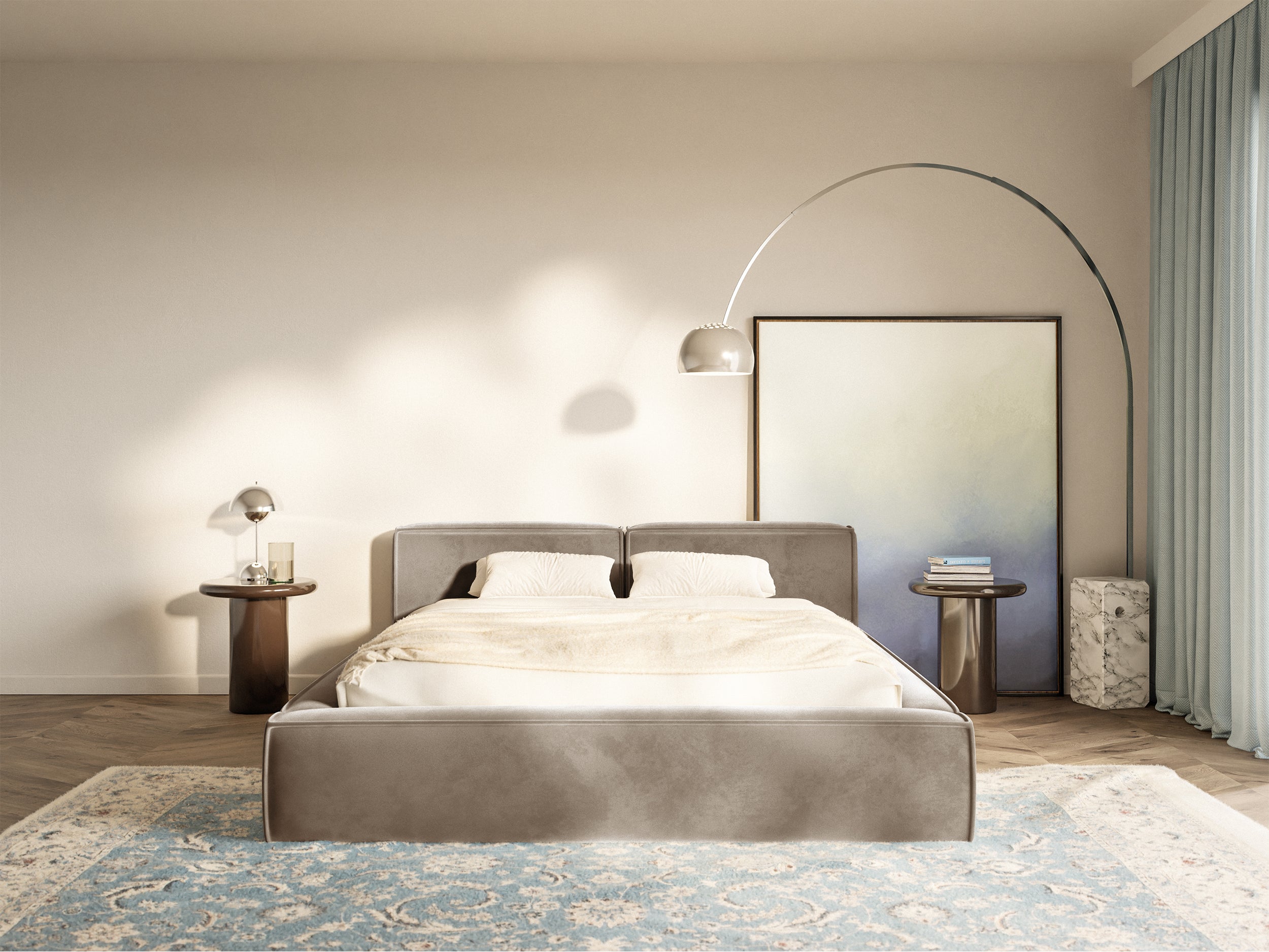 Łóżko tapicerowane 200x200 cm Tilves Slim Low z pojemnikiem stelaż metalowy jasnobrązowe welur