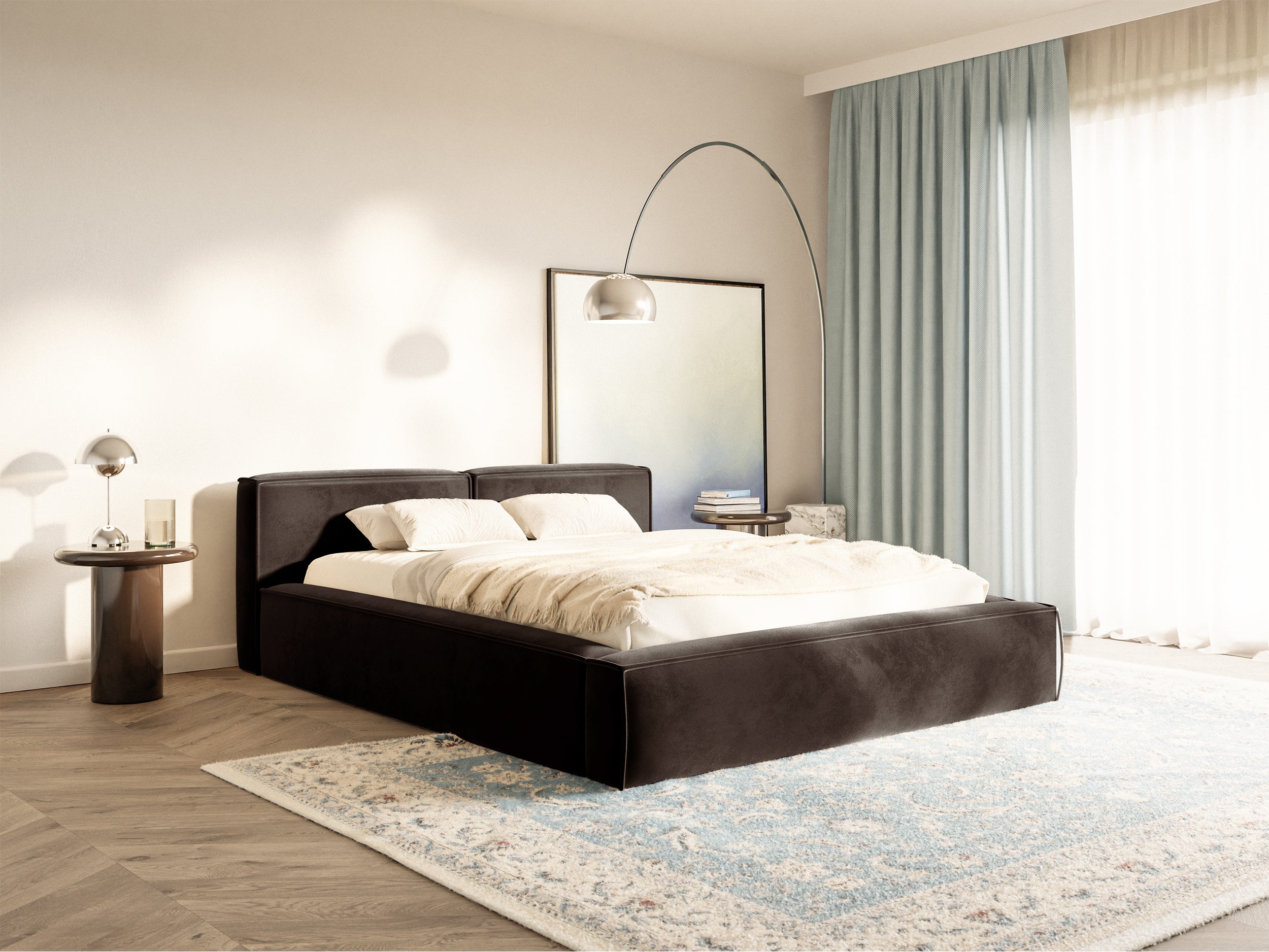 Łóżko tapicerowane 140x200 cm Tilves Slim Low z pojemnikiem stelaż metalowy brązowe welur